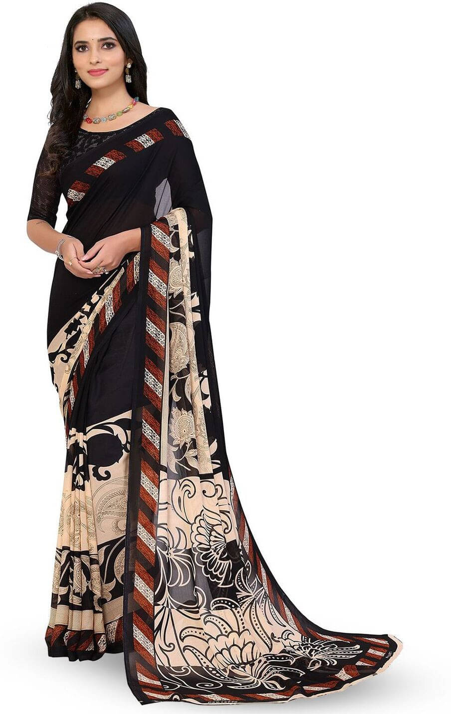 ANAND SAREES Georgette Printed Saree With Unstitched Blouse Piece ( Black ) ANAND SAREES Georgette Printed Saree With Unstitched Blouse Piece ( Black )