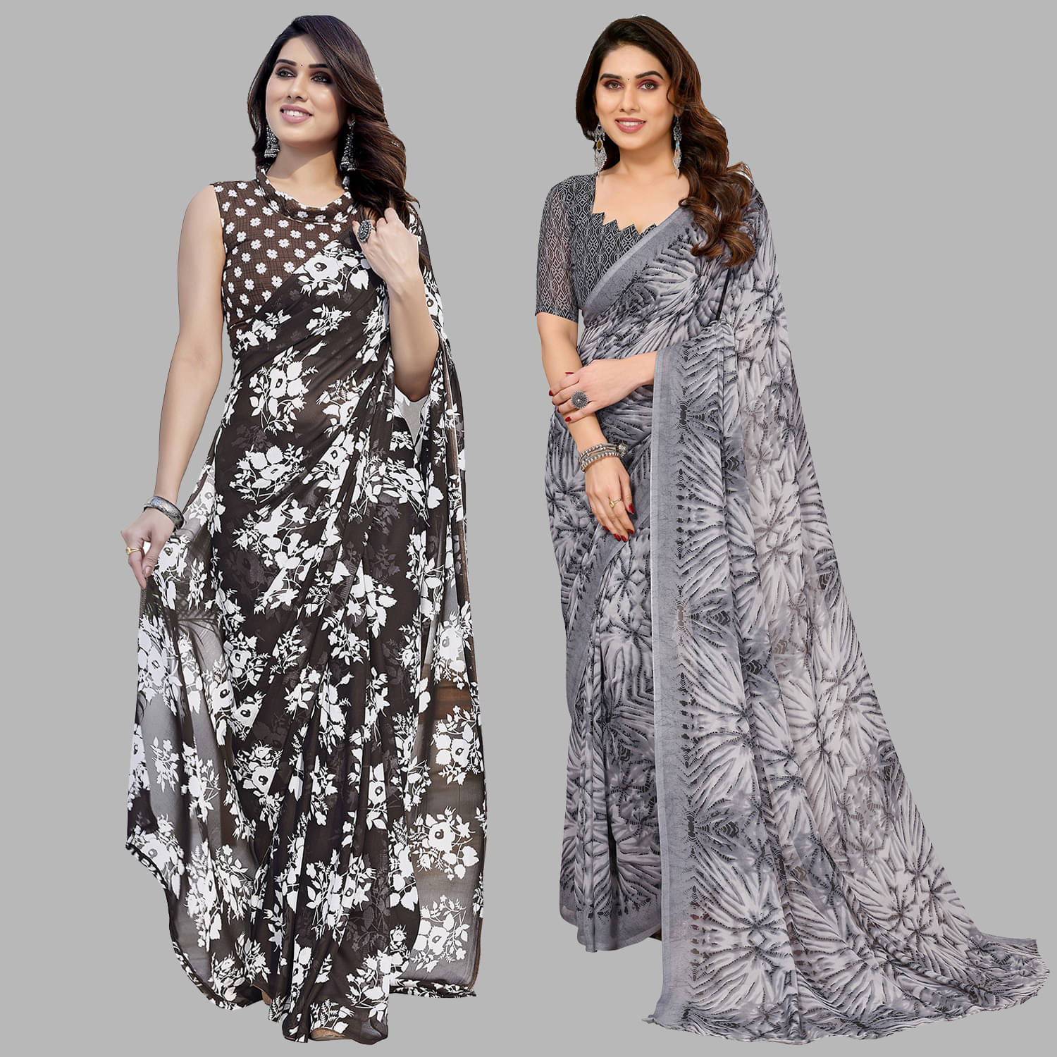 ANAND SAREES Georgette Printed Saree With Unstitched Blouse Piece ( Grey ) ANAND SAREES Georgette Printed Saree With Unstitched Blouse Piece ( Grey )