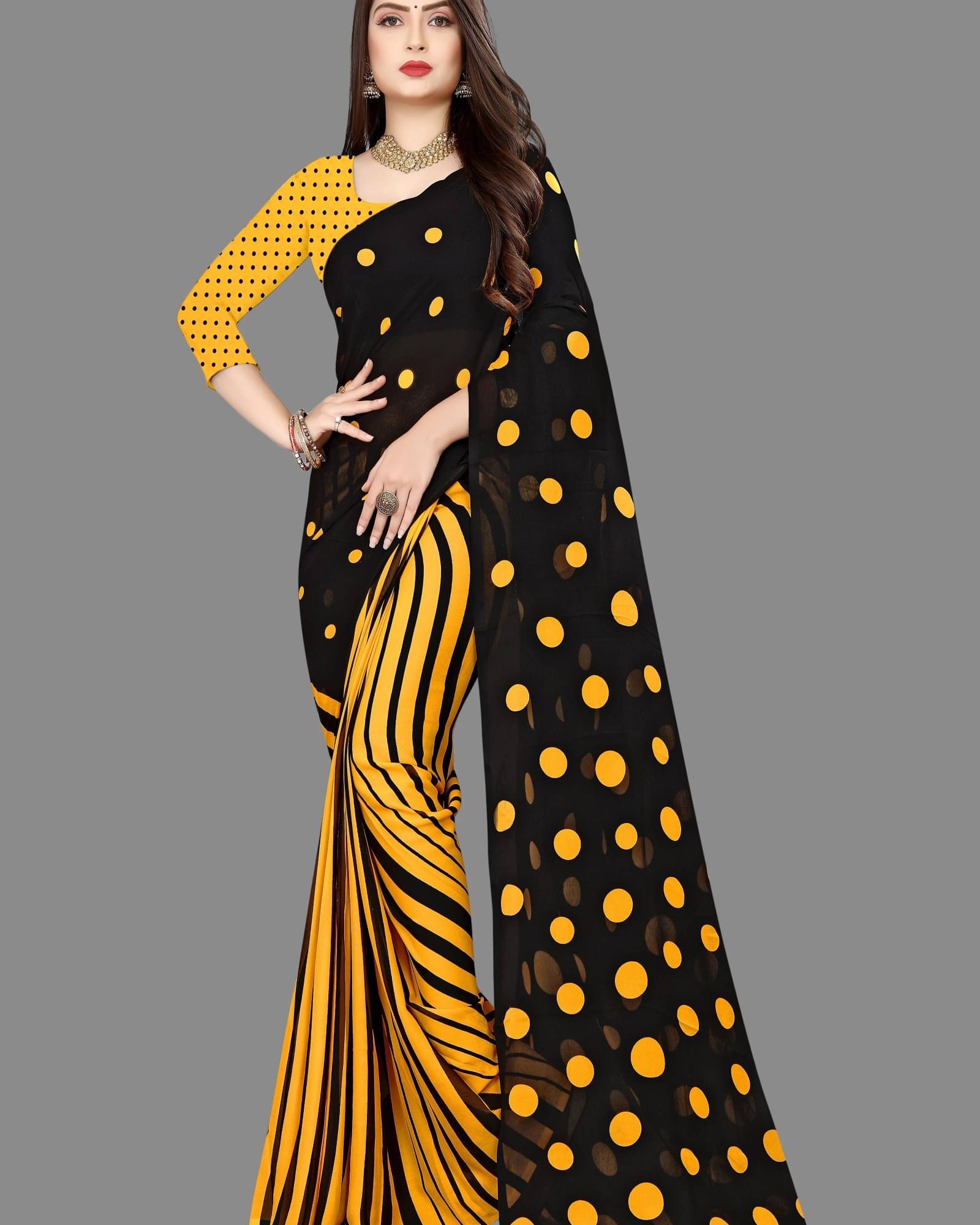 ANAND SAREES Georgette Printed Saree With Unstitched Blouse Piece ( Black ) ANAND SAREES Georgette Printed Saree With Unstitched Blouse Piece ( Black )