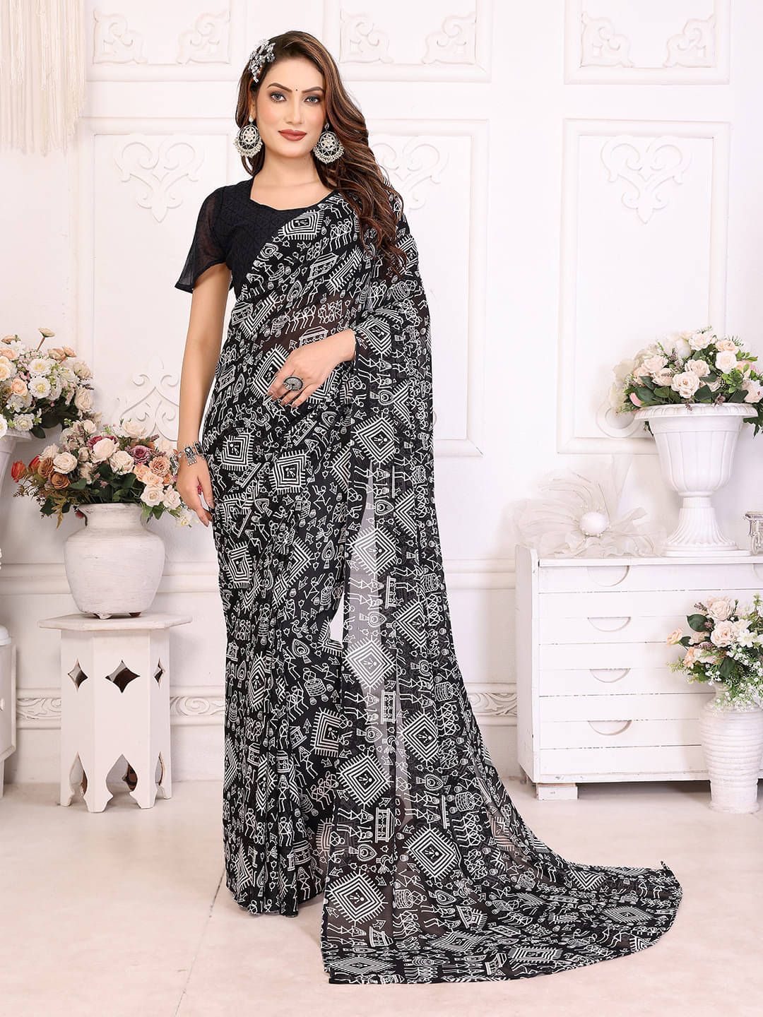     			ANAND SAREES Georgette Printed Saree With Unstitched Blouse Piece ( Black )