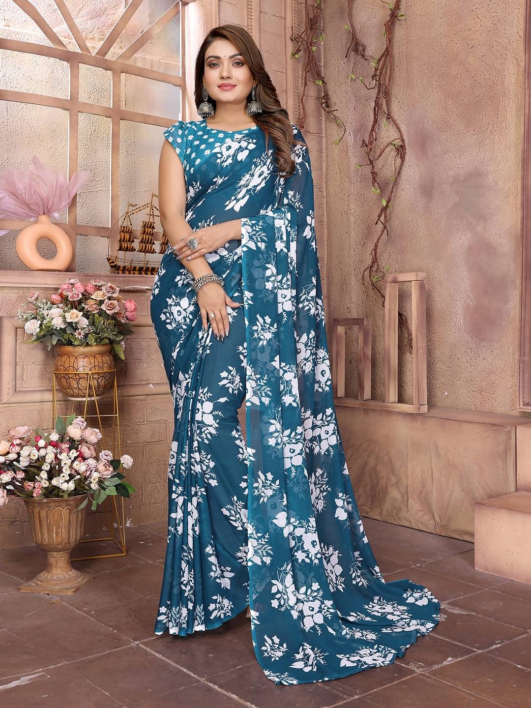 ANAND SAREES Georgette Printed Saree With Unstitched Blouse Piece ( Green ) ANAND SAREES Georgette Printed Saree With Unstitched Blouse Piece ( Green )