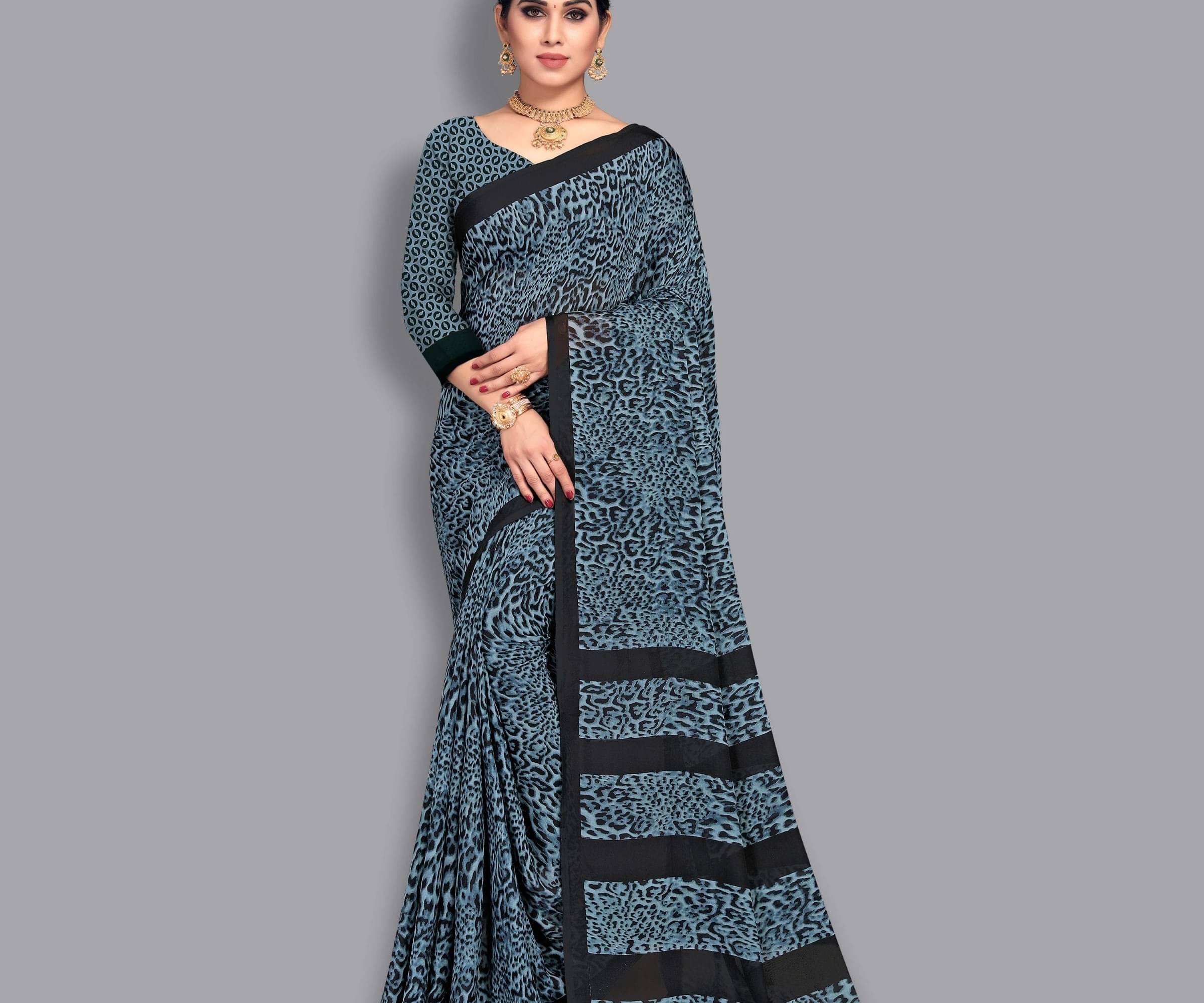 ANAND SAREES Georgette Printed Saree With Unstitched Blouse Piece ( Blue ) ANAND SAREES Georgette Printed Saree With Unstitched Blouse Piece ( Blue )