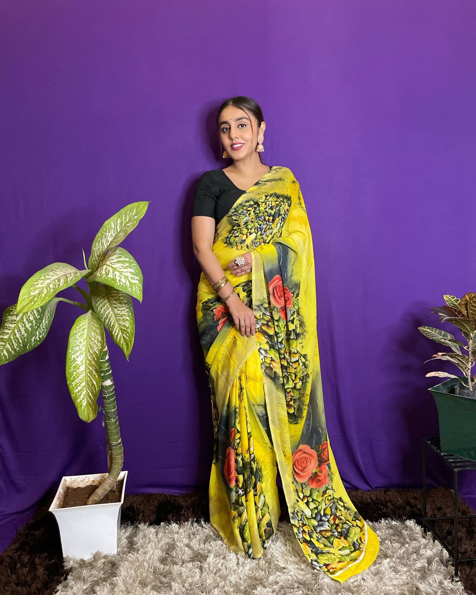 ANAND SAREES Georgette Printed Saree With Unstitched Blouse Piece ( Yellow ) ANAND SAREES Georgette Printed Saree With Unstitched Blouse Piece ( Yellow )