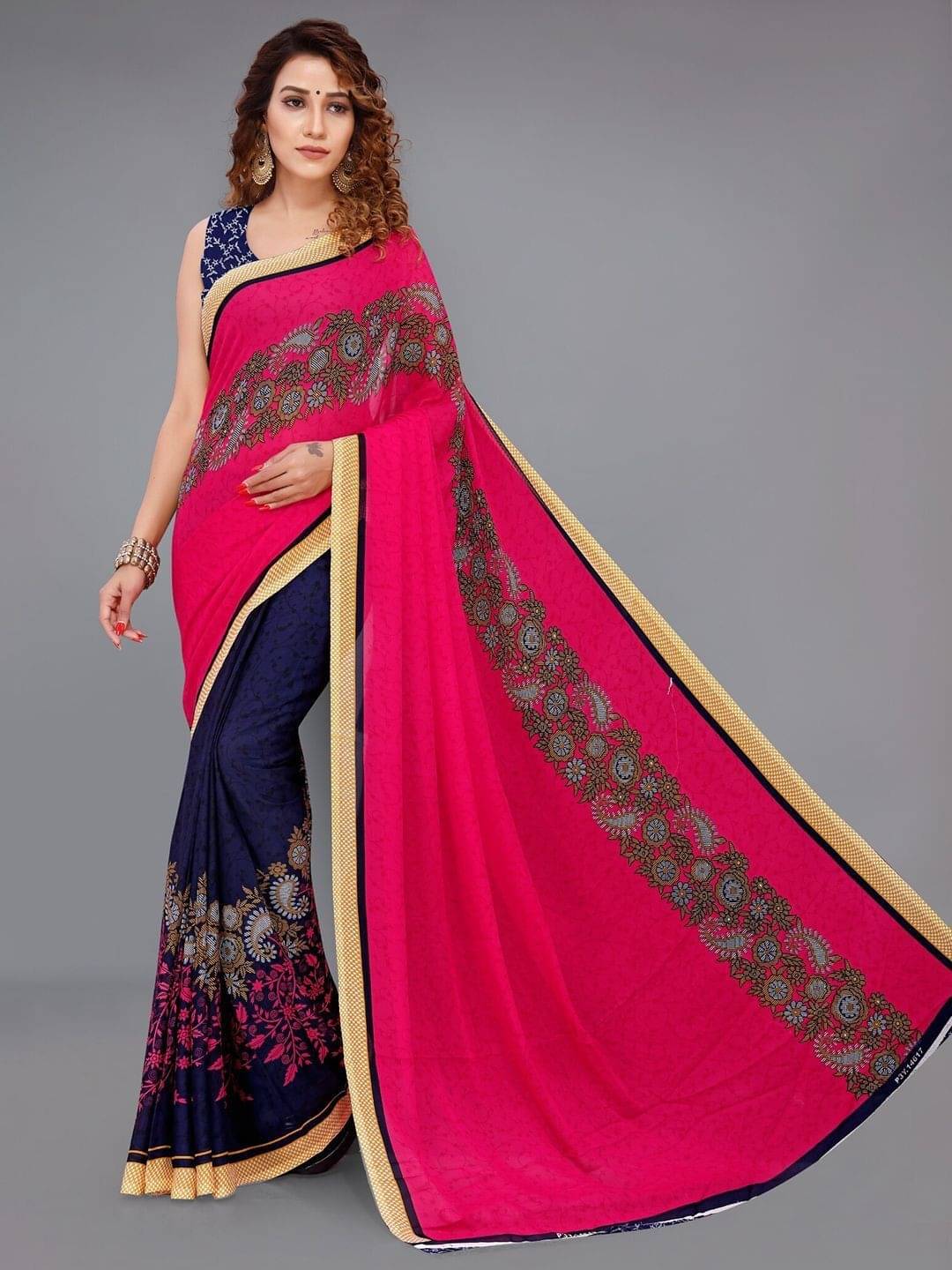 ANAND SAREES Georgette Printed Saree With Unstitched Blouse Piece ( Pink ) ANAND SAREES Georgette Printed Saree With Unstitched Blouse Piece ( Pink )