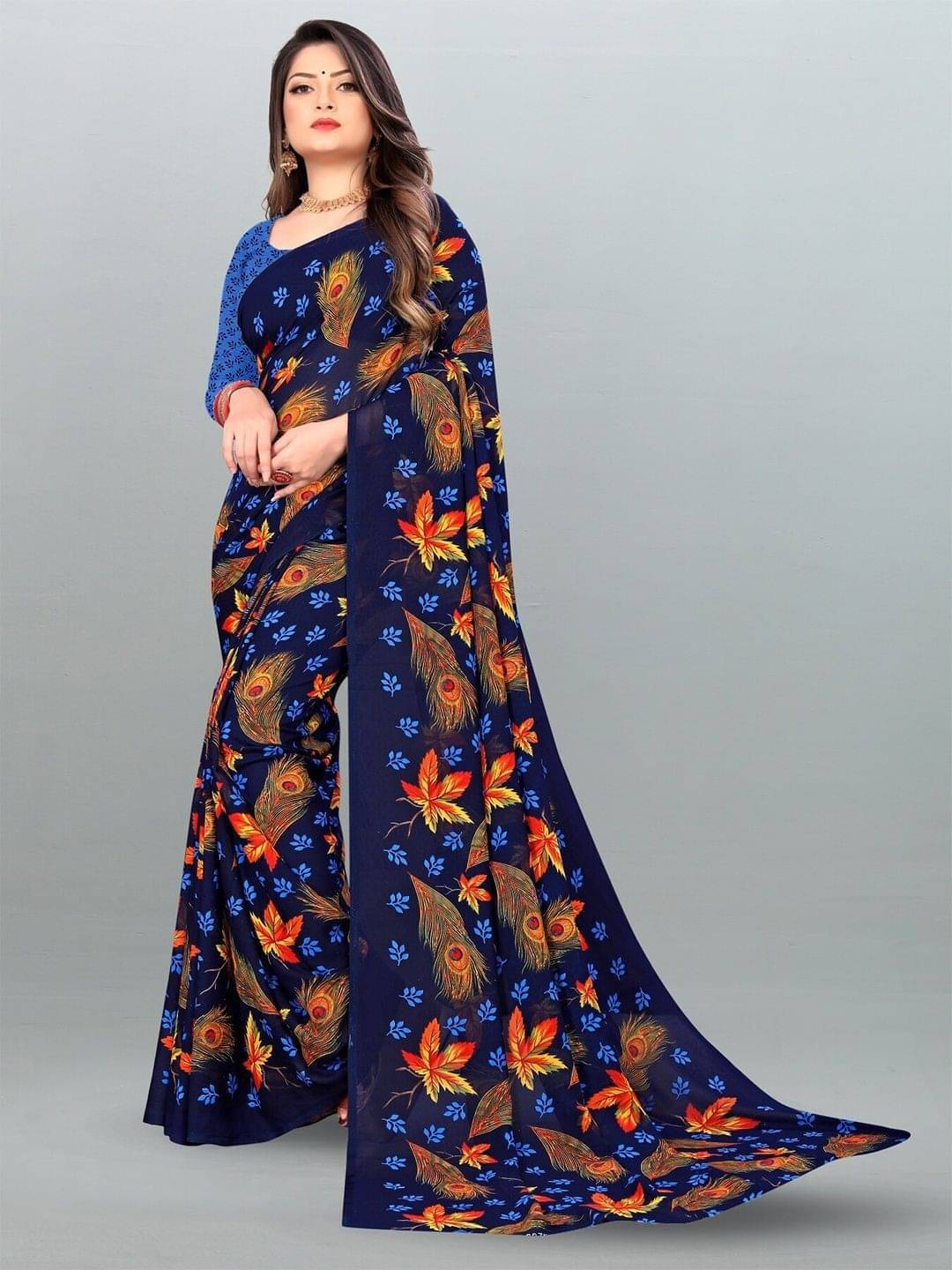 ANAND SAREES Georgette Printed Saree With Unstitched Blouse Piece ( Navy Blue ) ANAND SAREES Georgette Printed Saree With Unstitched Blouse Piece ( Navy Blue )