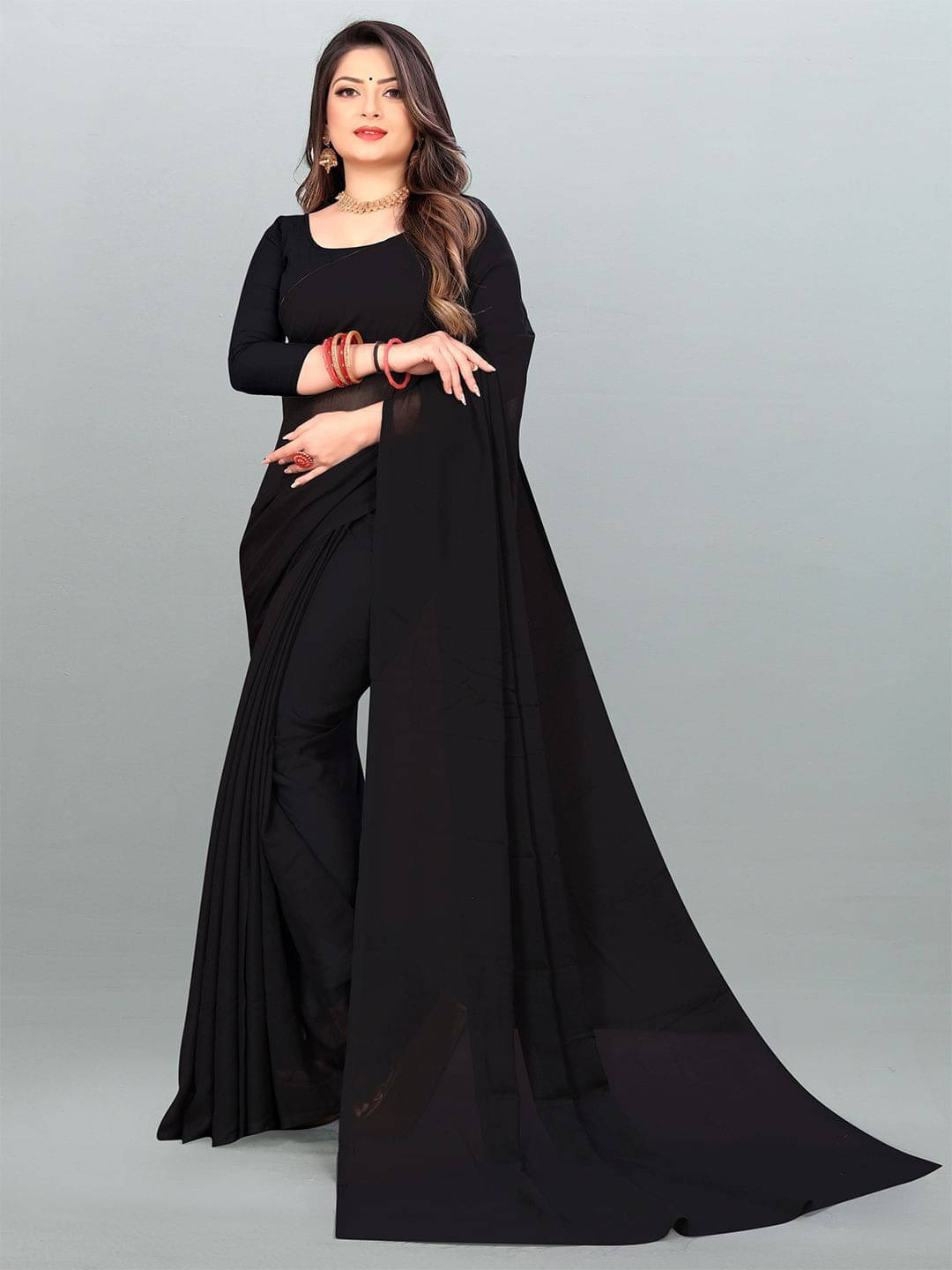 ANAND SAREES Georgette Printed Saree With Unstitched Blouse Piece ( Black ) ANAND SAREES Georgette Printed Saree With Unstitched Blouse Piece ( Black )