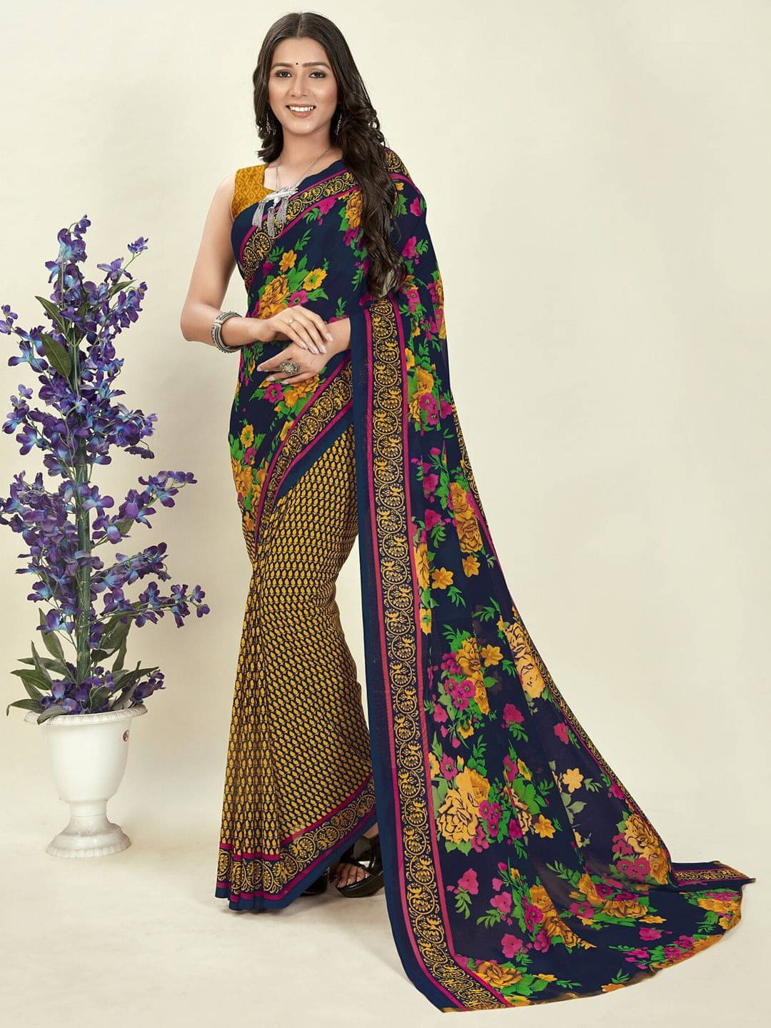     			ANAND SAREES Georgette Printed Saree With Unstitched Blouse Piece ( Blue )