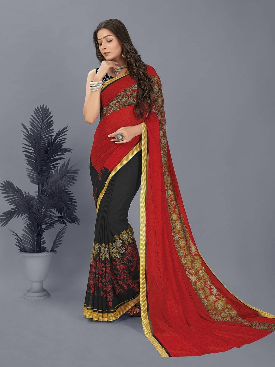     			ANAND SAREES Georgette Printed Saree With Unstitched Blouse Piece ( Red )