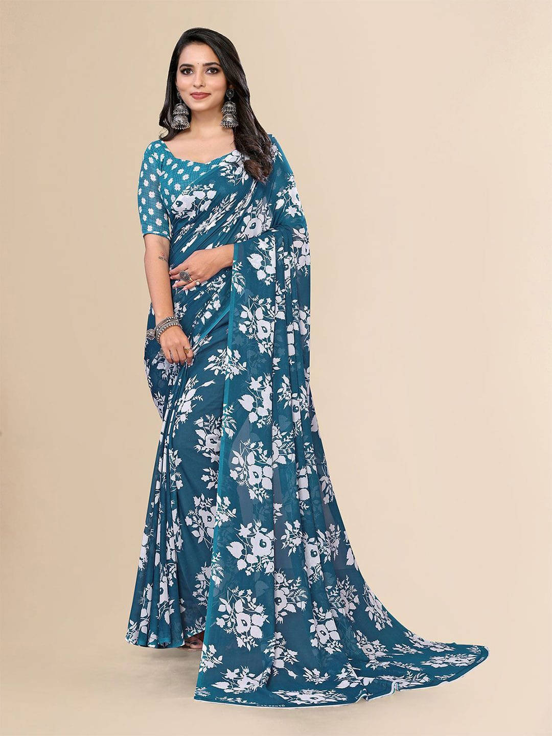ANAND SAREES Georgette Printed Saree With Unstitched Blouse Piece ( Blue ) ANAND SAREES Georgette Printed Saree With Unstitched Blouse Piece ( Blue )