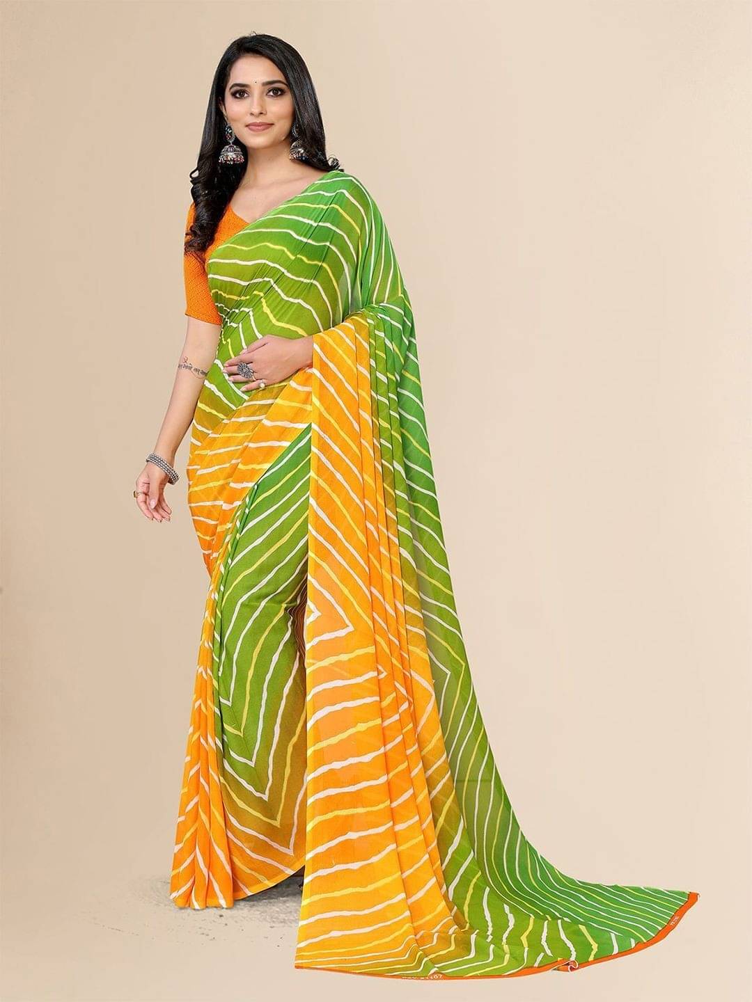 ANAND SAREES Georgette Printed Saree With Unstitched Blouse Piece ( Yellow ) ANAND SAREES Georgette Printed Saree With Unstitched Blouse Piece ( Yellow )