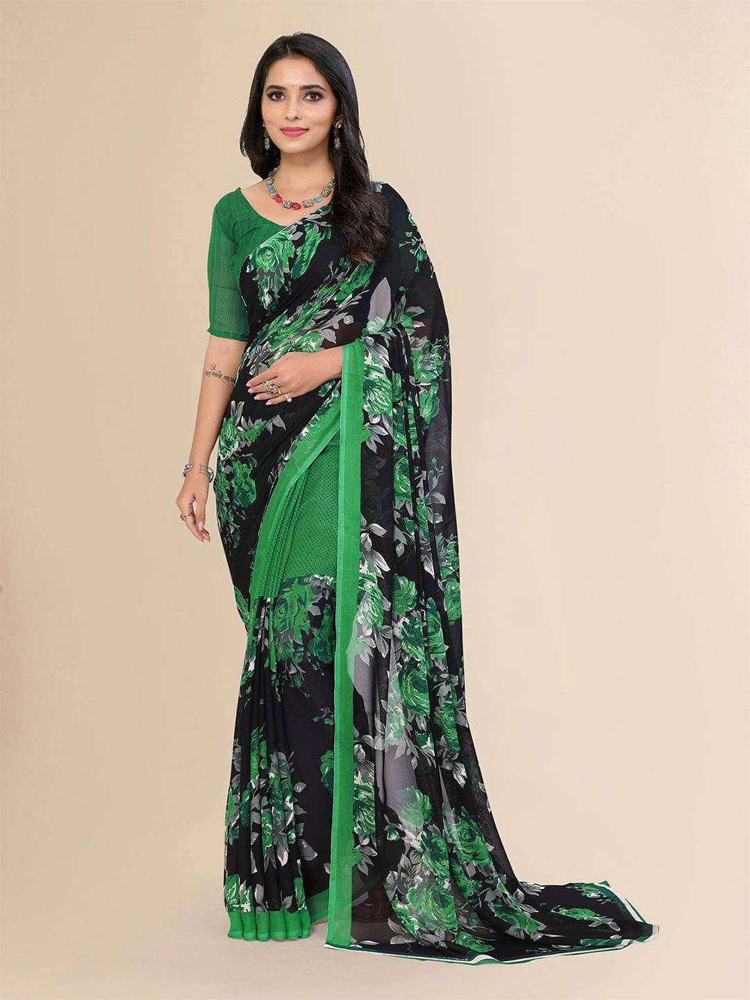     			ANAND SAREES Georgette Printed Saree With Unstitched Blouse Piece ( Green )