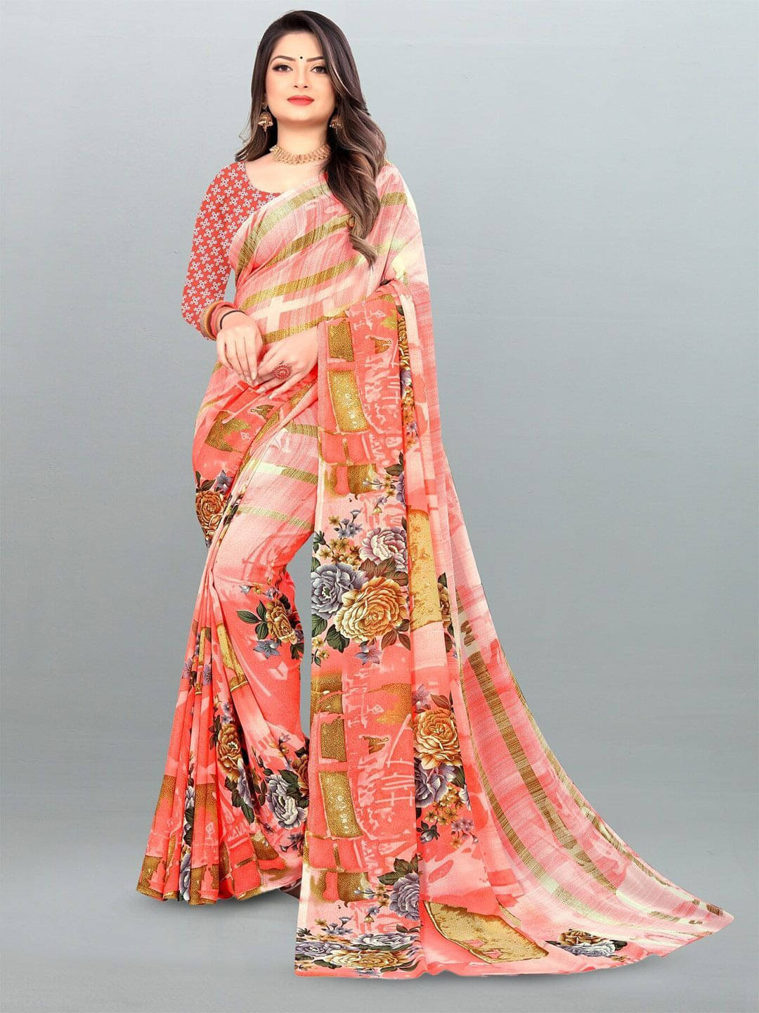 ANAND SAREES Georgette Printed Saree With Unstitched Blouse Piece ( Pink ) ANAND SAREES Georgette Printed Saree With Unstitched Blouse Piece ( Pink )