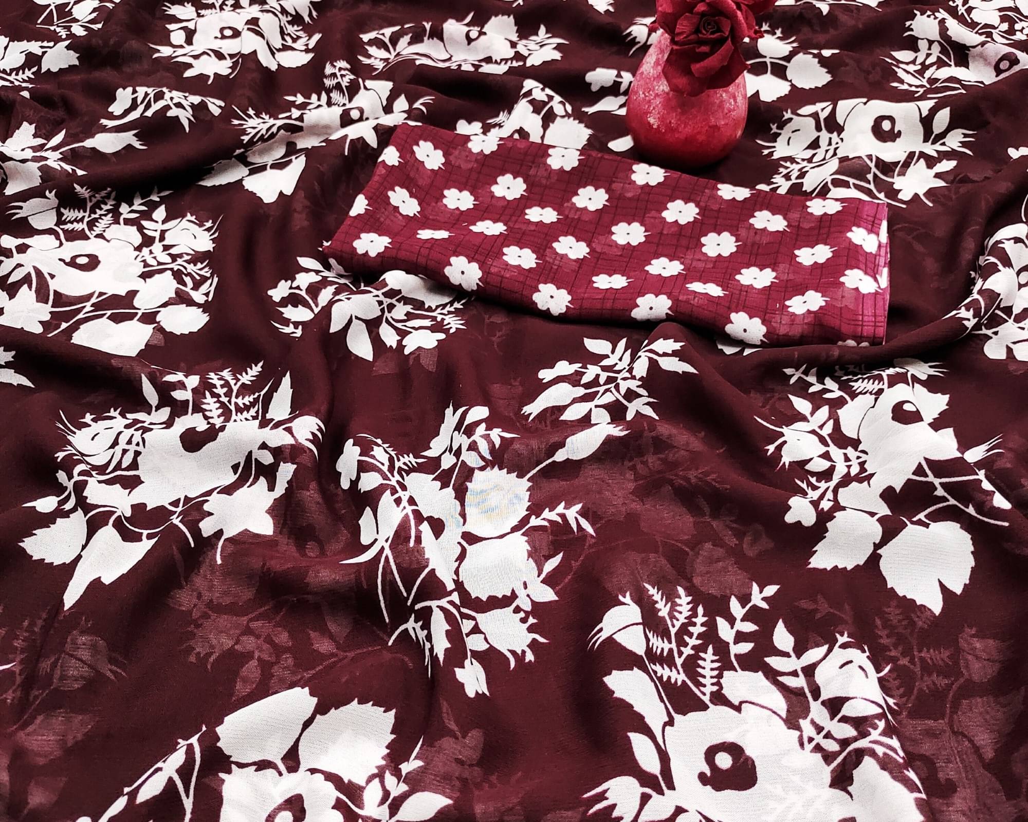     			ANAND SAREES Georgette Printed Saree With Unstitched Blouse Piece ( Maroon )