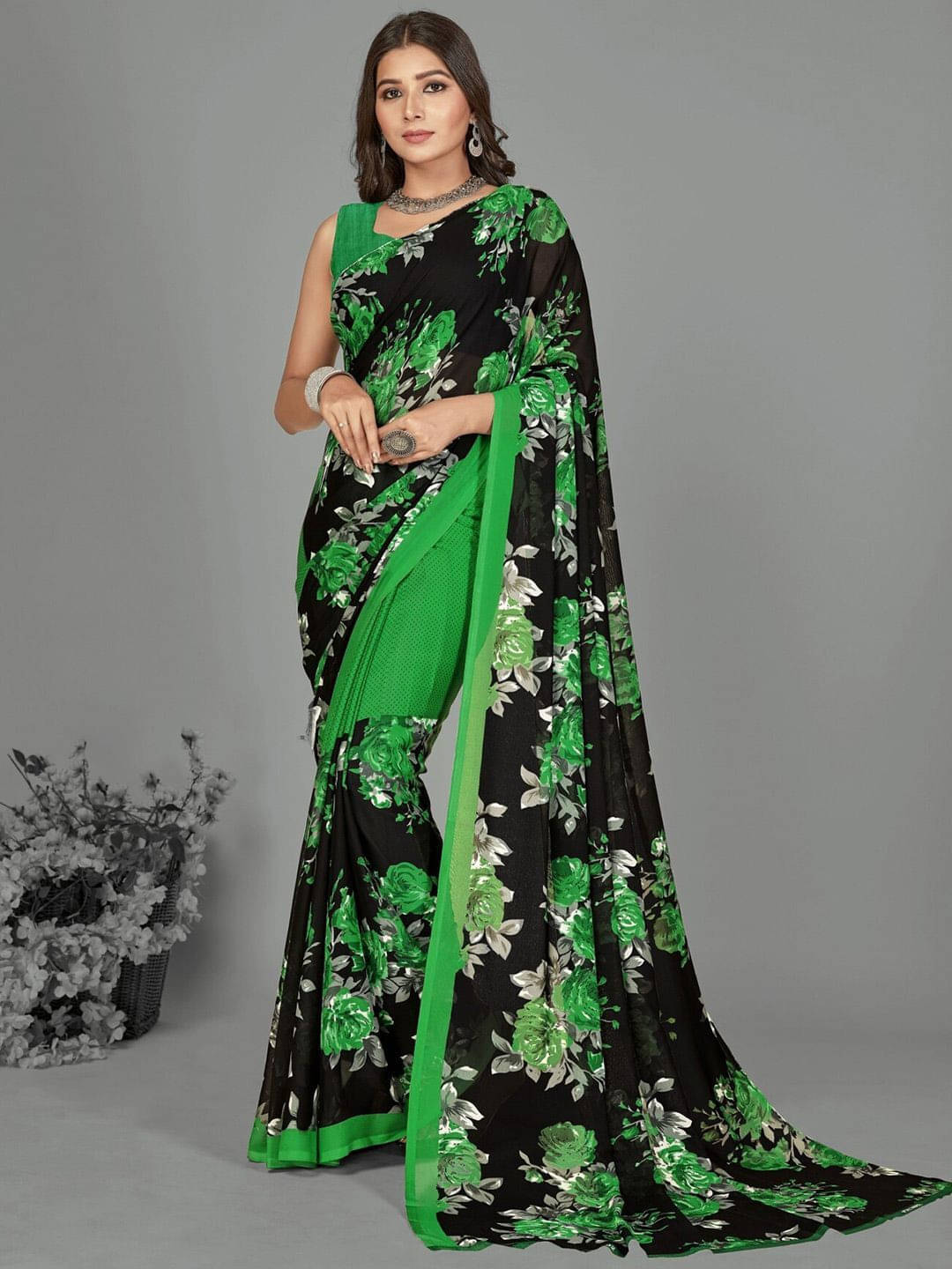     			ANAND SAREES Georgette Printed Saree With Unstitched Blouse Piece ( Green )