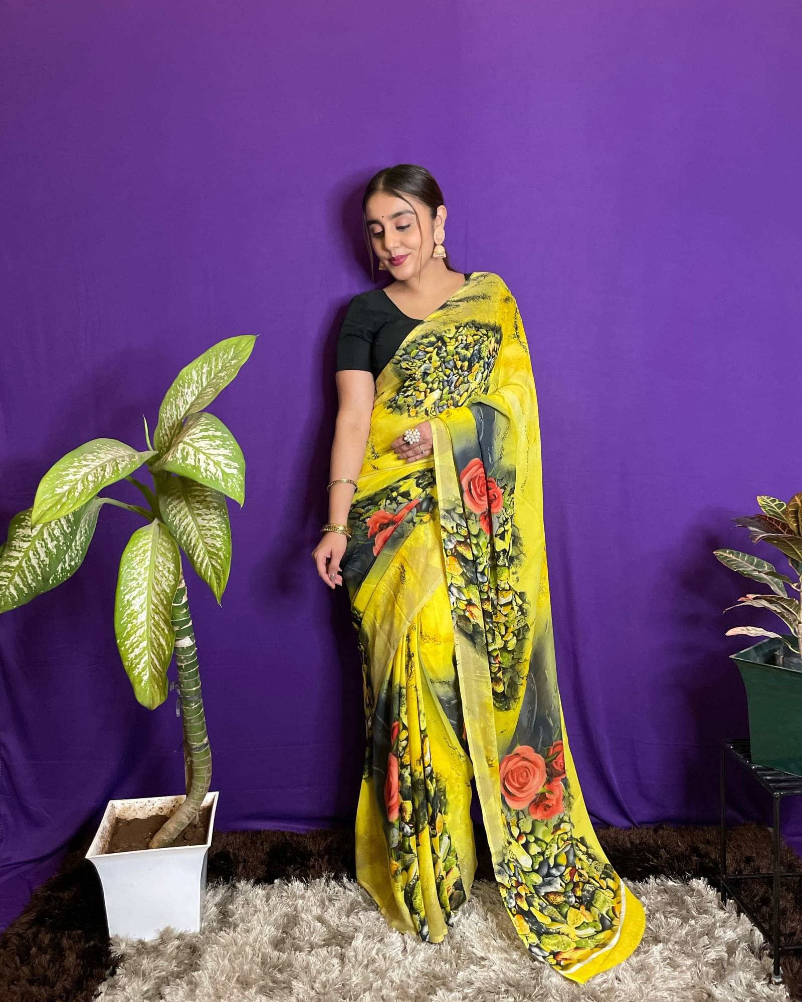     			ANAND SAREES Georgette Printed Saree With Unstitched Blouse Piece ( Yellow )