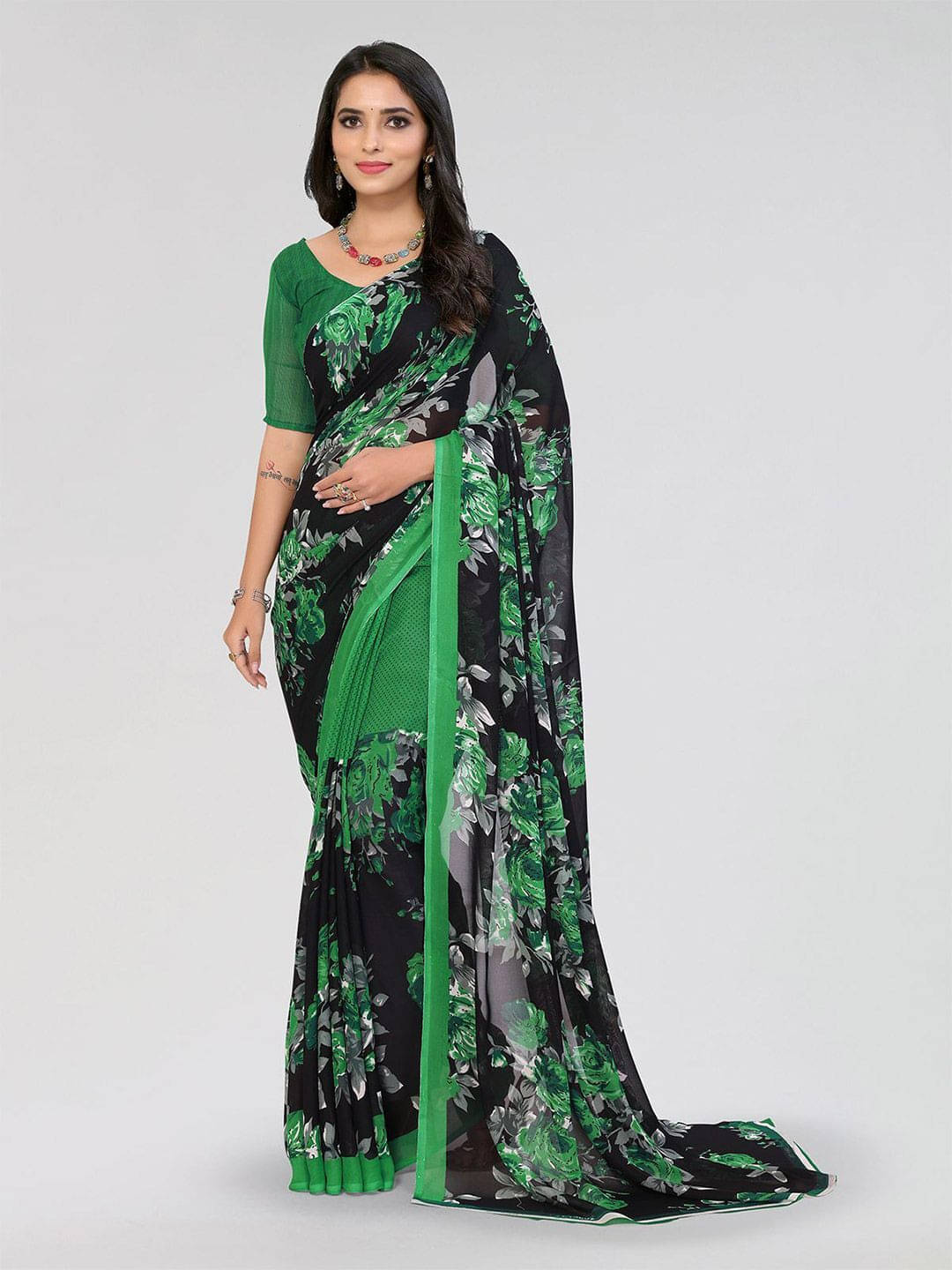     			ANAND SAREES Georgette Printed Saree With Unstitched Blouse Piece ( Green )