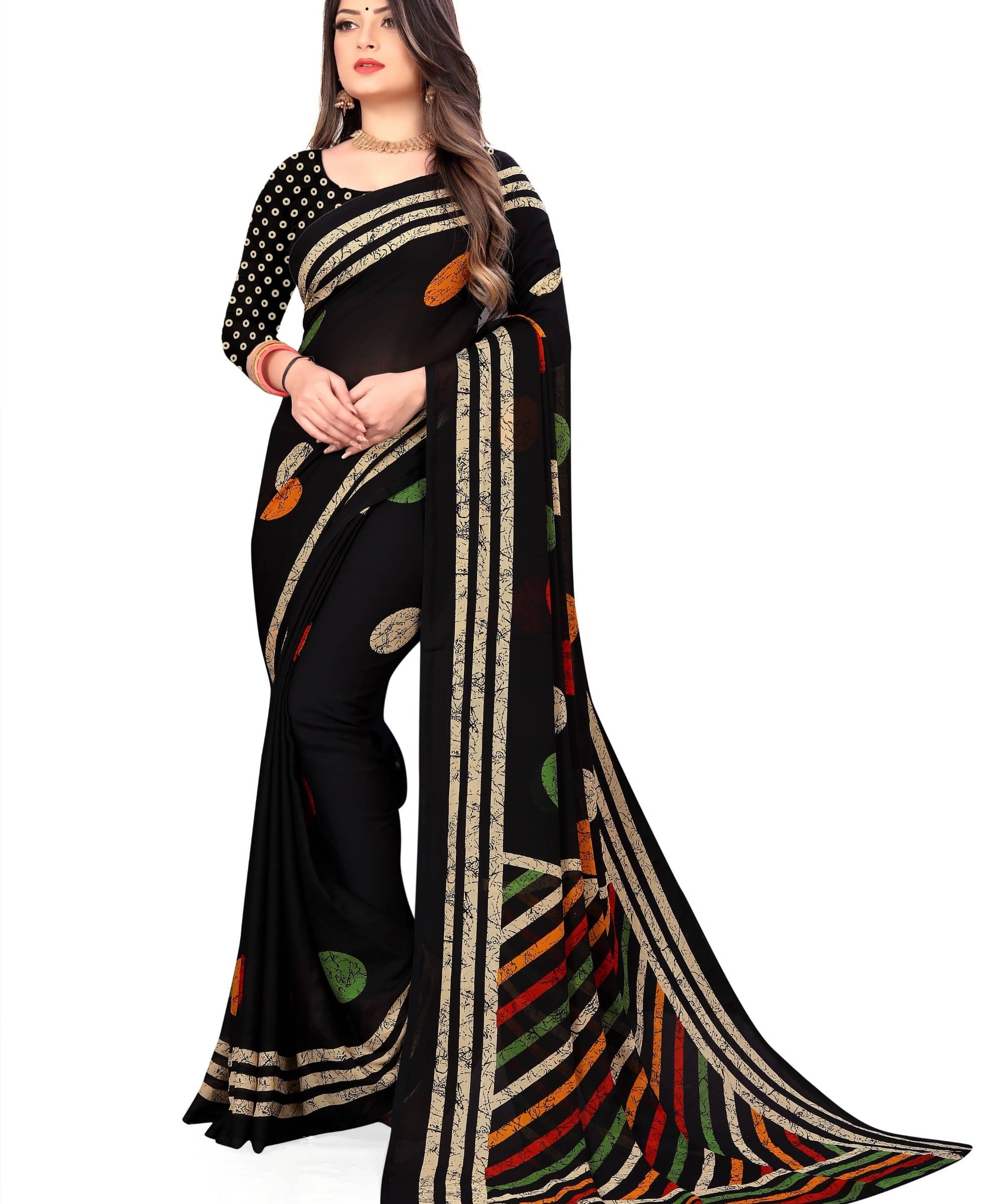 ANAND SAREES Georgette Printed Saree With Unstitched Blouse Piece ( Black ) ANAND SAREES Georgette Printed Saree With Unstitched Blouse Piece ( Black )