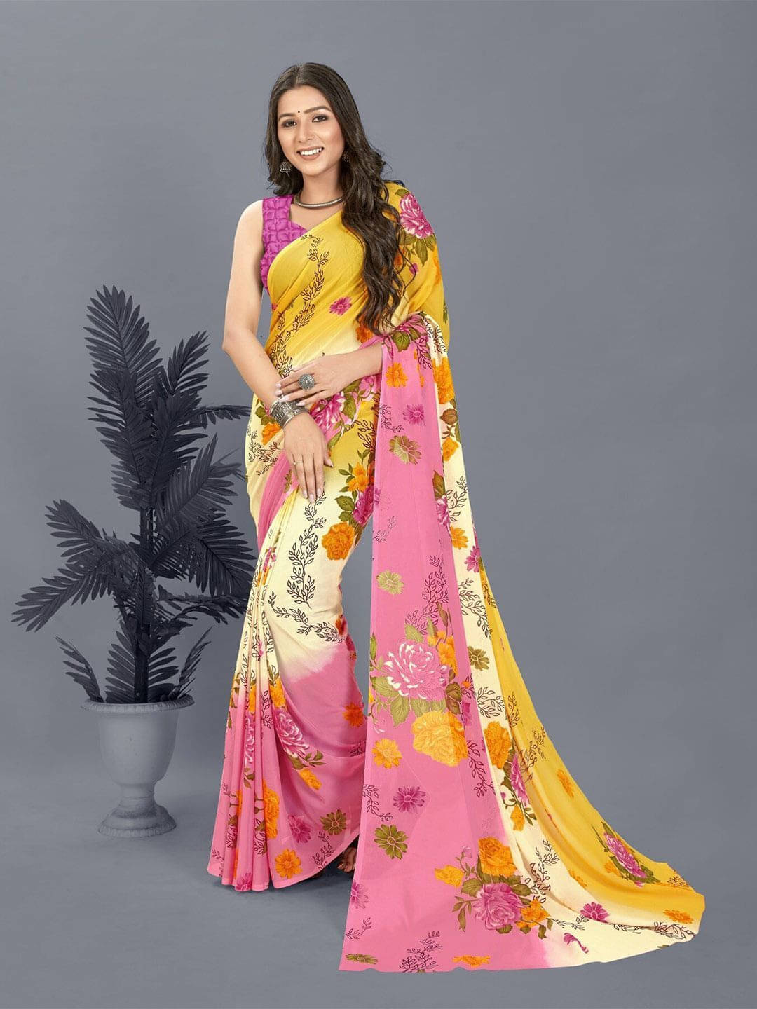 ANAND SAREES Georgette Printed Saree With Unstitched Blouse Piece ( Pink ) ANAND SAREES Georgette Printed Saree With Unstitched Blouse Piece ( Pink )