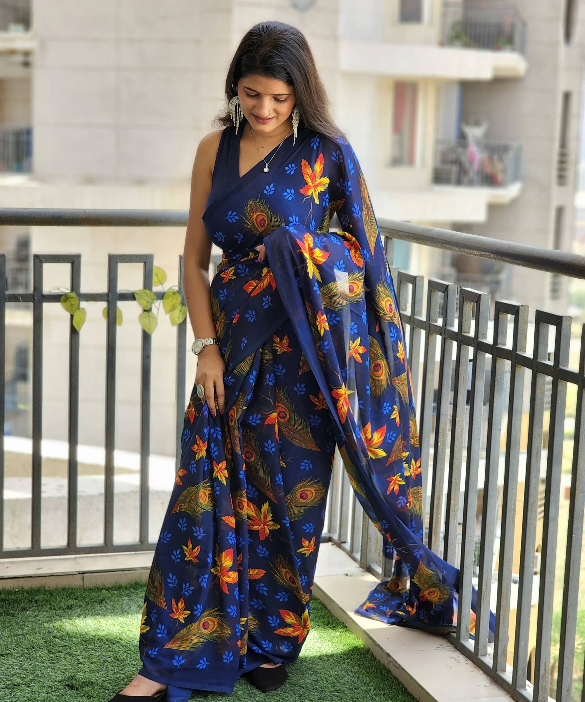     			ANAND SAREES Georgette Printed Saree With Unstitched Blouse Piece ( Blue )