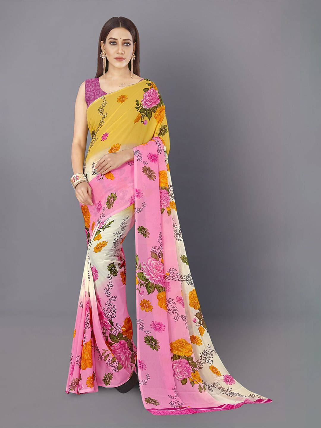 ANAND SAREES Georgette Printed Saree With Unstitched Blouse Piece ( White ) ANAND SAREES Georgette Printed Saree With Unstitched Blouse Piece ( White )