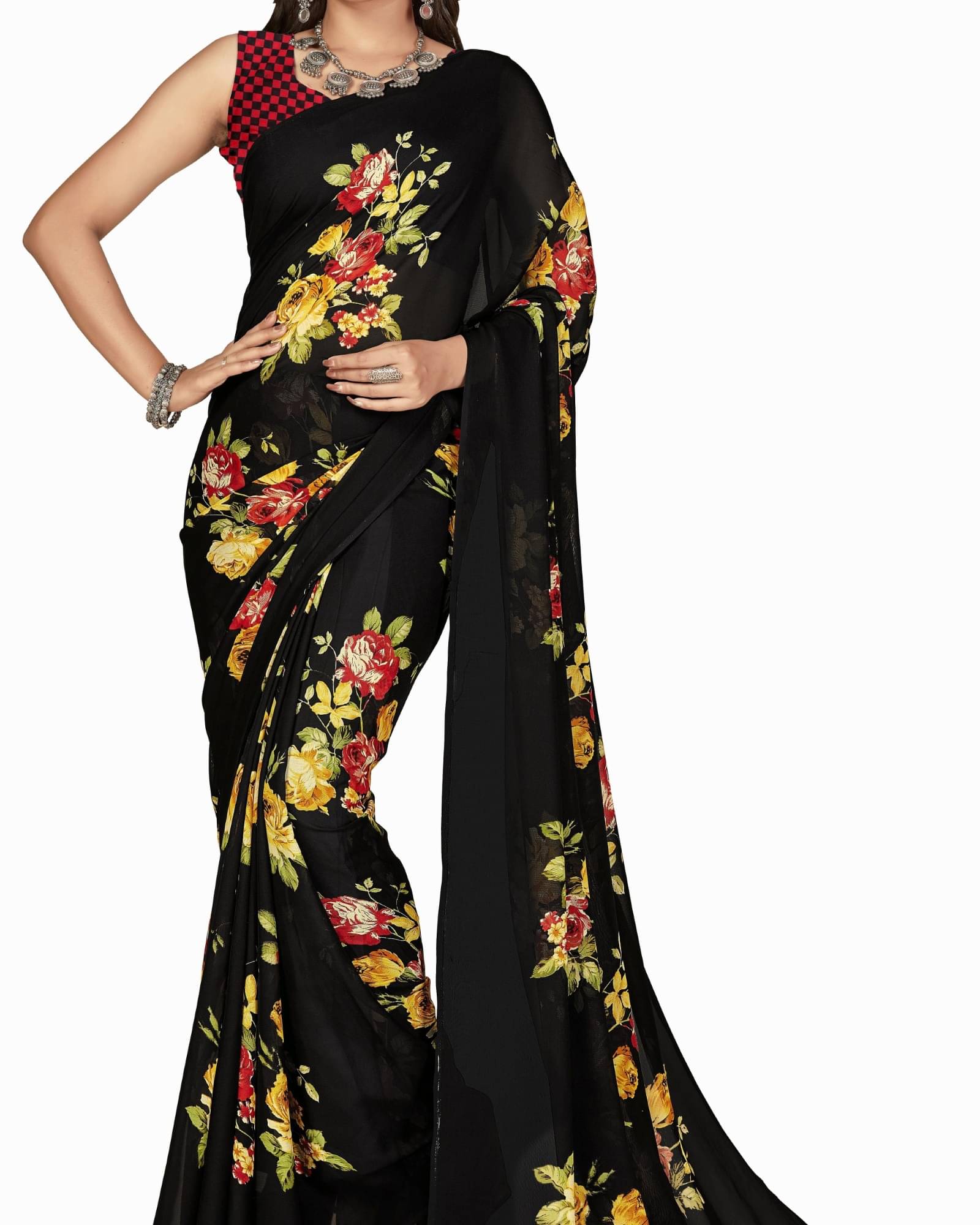     			ANAND SAREES Georgette Printed Saree With Unstitched Blouse Piece ( Black )