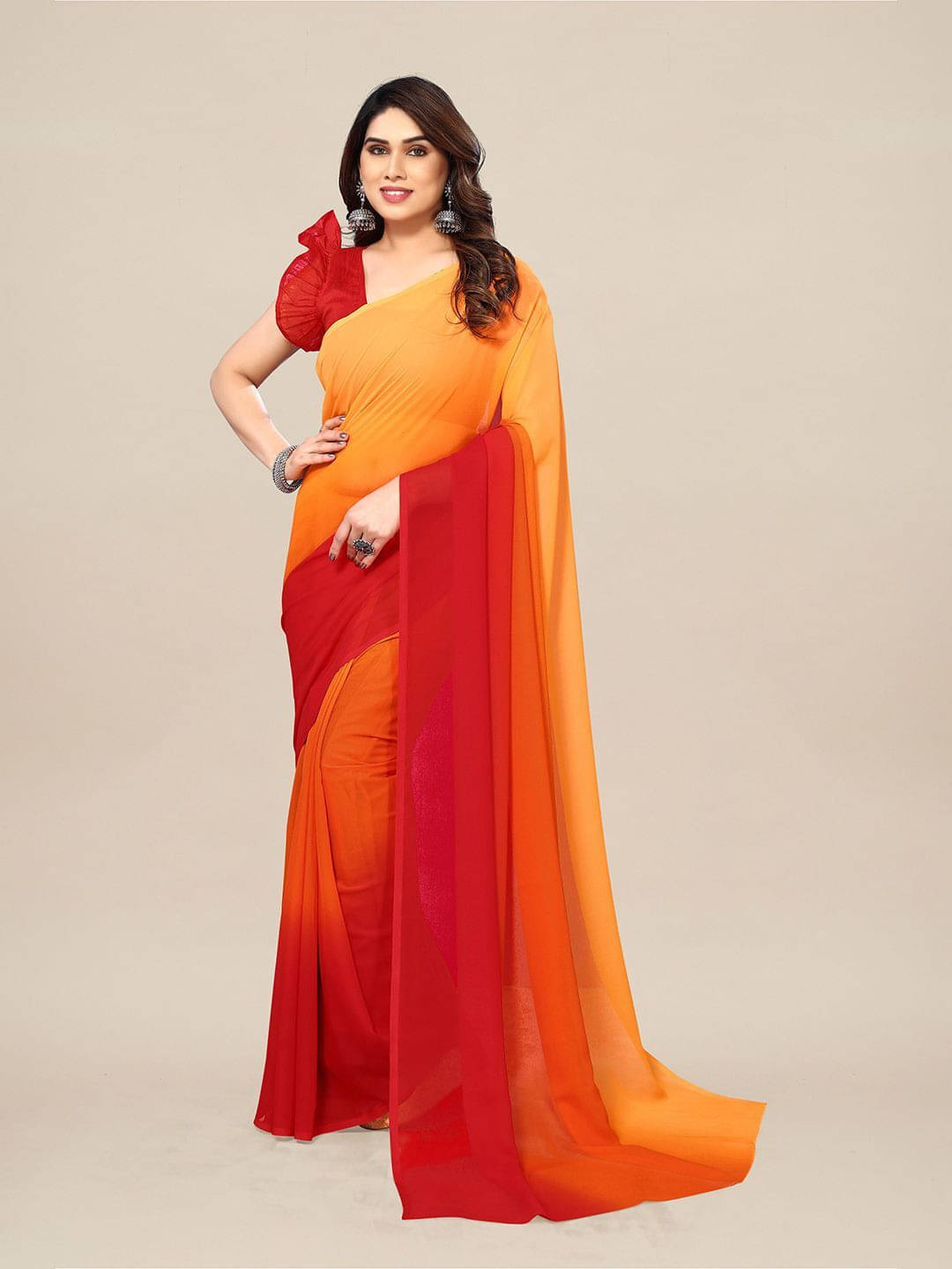 ANAND SAREES Georgette Printed Saree With Unstitched Blouse Piece ( Orange )     			ANAND SAREES Georgette Printed Saree With Unstitched Blouse Piece ( Orange )
