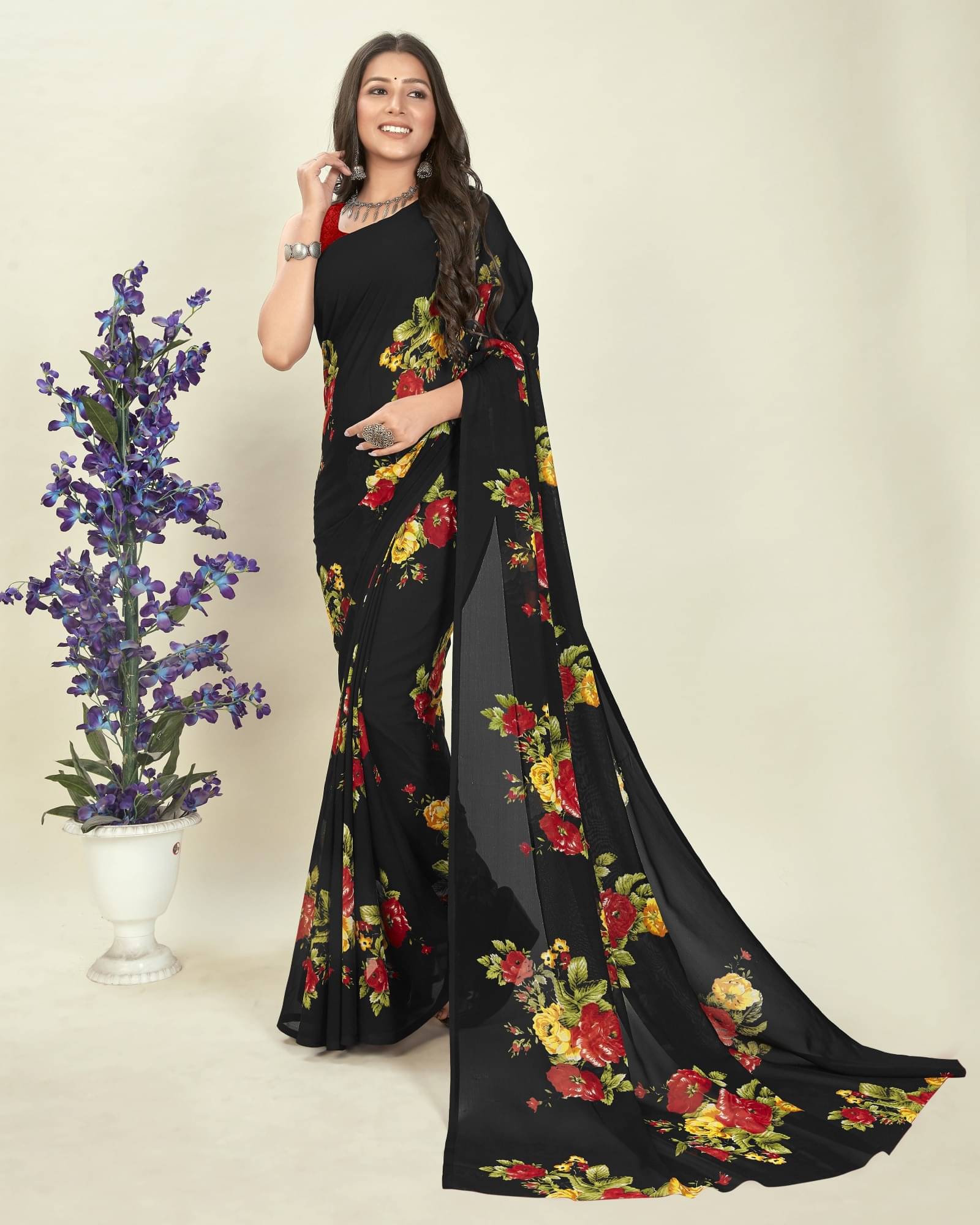 ANAND SAREES Georgette Printed Saree With Unstitched Blouse Piece ( Black ) ANAND SAREES Georgette Printed Saree With Unstitched Blouse Piece ( Black )
