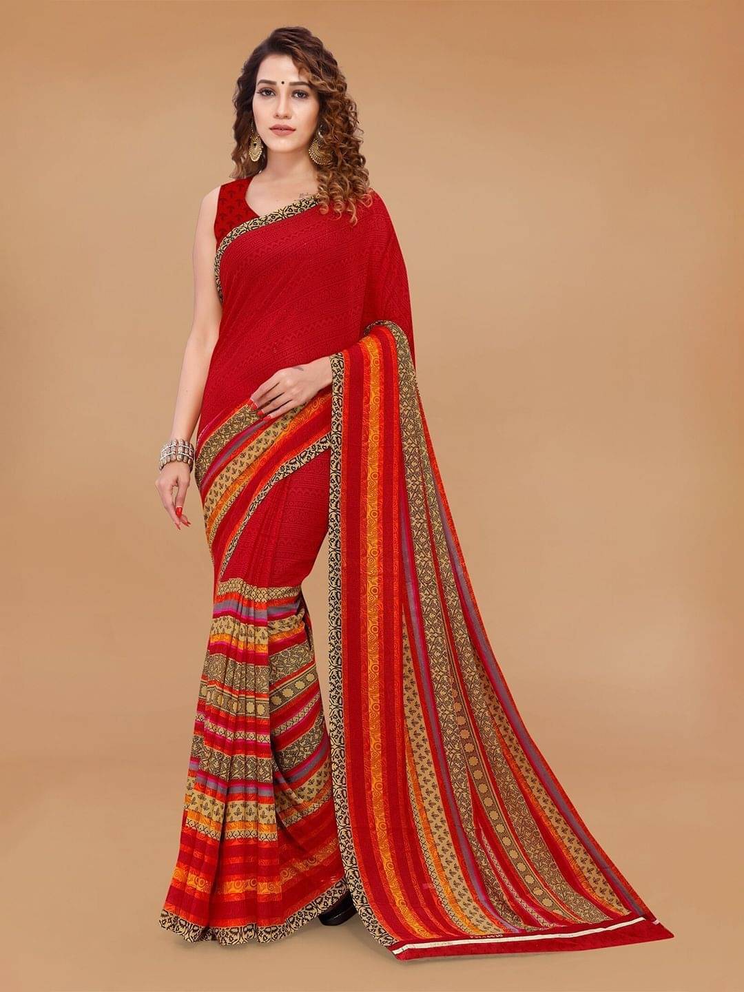 ANAND SAREES Georgette Printed Saree With Unstitched Blouse Piece ( Red ) ANAND SAREES Georgette Printed Saree With Unstitched Blouse Piece ( Red )