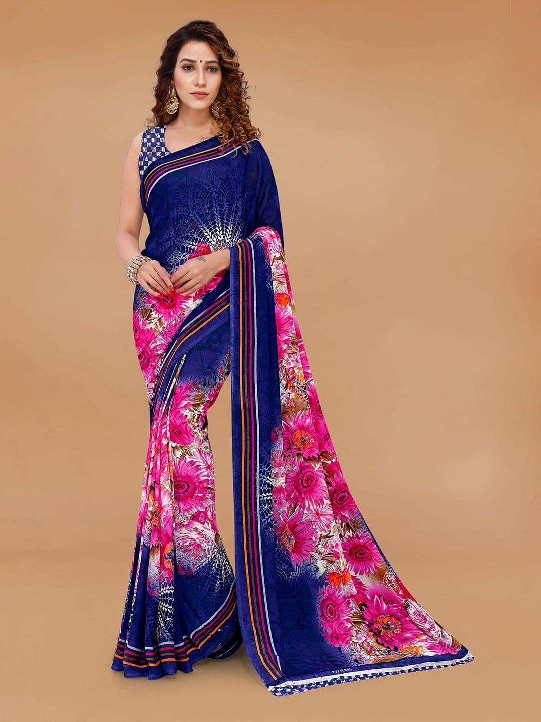     			ANAND SAREES Georgette Printed Saree With Unstitched Blouse Piece ( Blue )