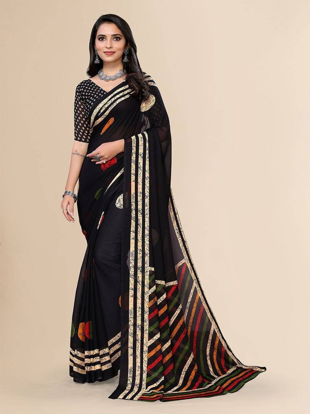 ANAND SAREES Georgette Printed Saree With Unstitched Blouse Piece ( Black ) ANAND SAREES Georgette Printed Saree With Unstitched Blouse Piece ( Black )