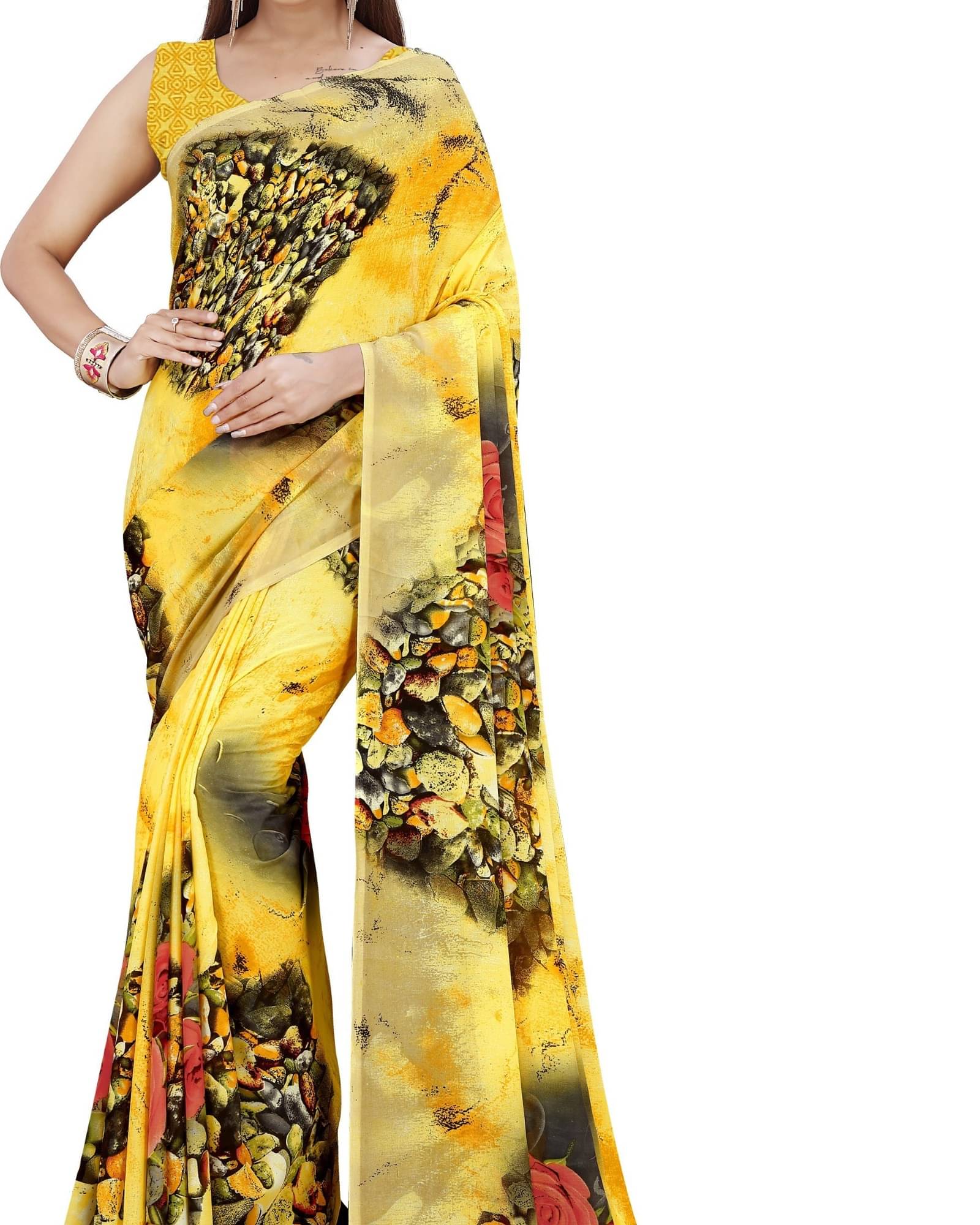 ANAND SAREES Georgette Printed Saree With Unstitched Blouse Piece ( Yellow ) ANAND SAREES Georgette Printed Saree With Unstitched Blouse Piece ( Yellow )