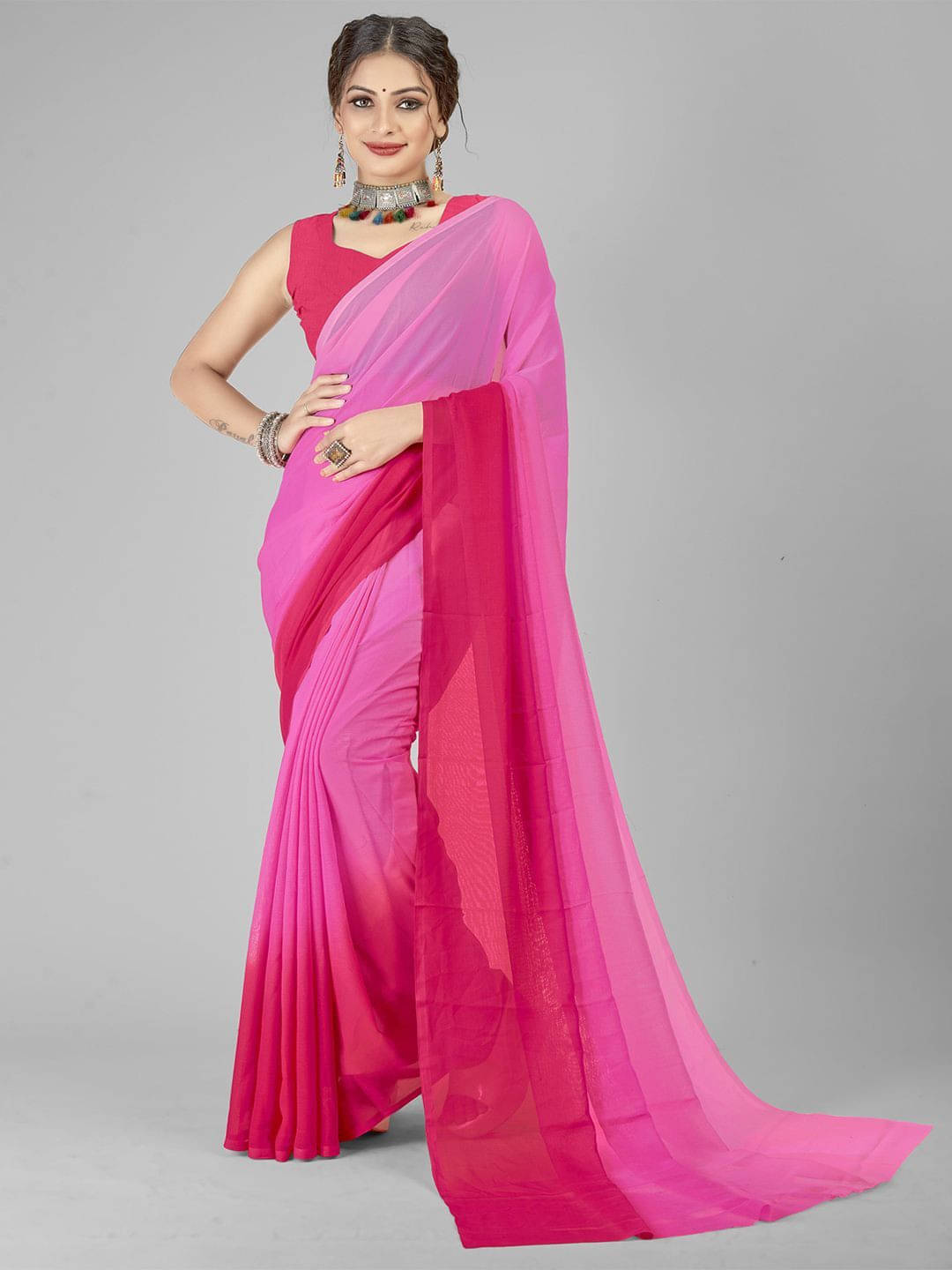 ANAND SAREES Georgette Printed Saree With Unstitched Blouse Piece ( Pink ) ANAND SAREES Georgette Printed Saree With Unstitched Blouse Piece ( Pink )