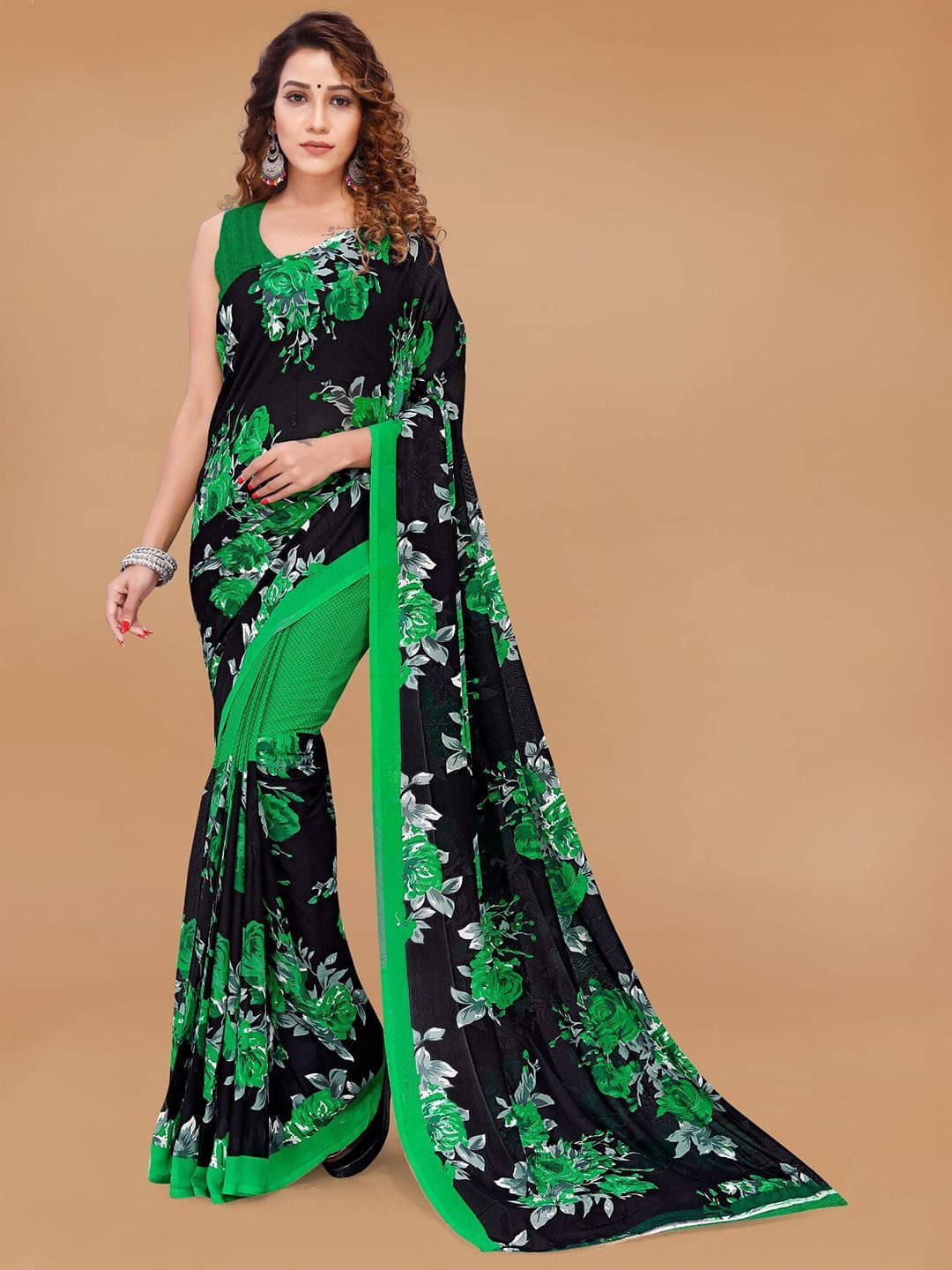 ANAND SAREES Georgette Printed Saree With Unstitched Blouse Piece ( Green ) ANAND SAREES Georgette Printed Saree With Unstitched Blouse Piece ( Green )