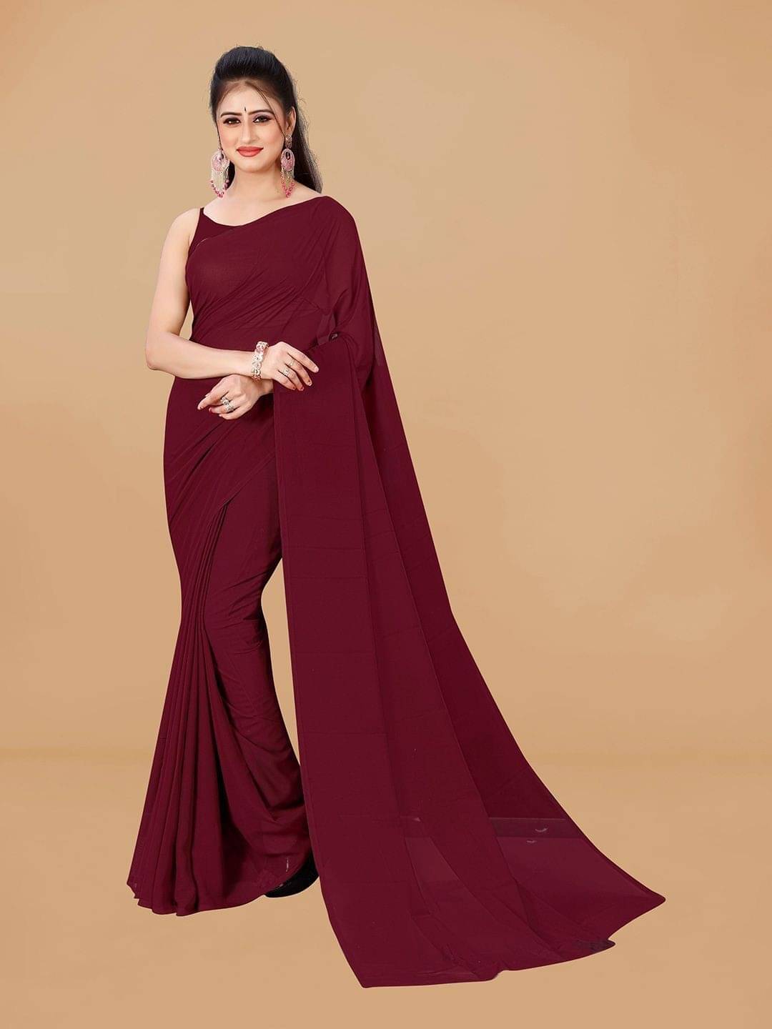 ANAND SAREES Georgette Printed Saree With Unstitched Blouse Piece ( Maroon )     			ANAND SAREES Georgette Printed Saree With Unstitched Blouse Piece ( Maroon )