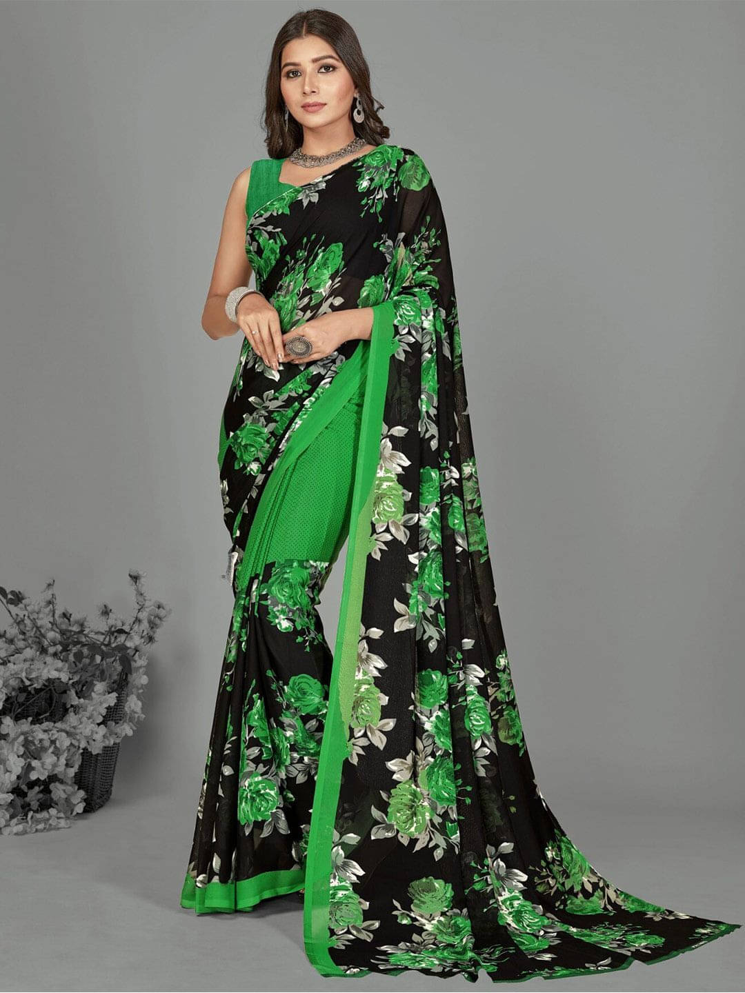     			ANAND SAREES Georgette Printed Saree With Unstitched Blouse Piece ( Green )