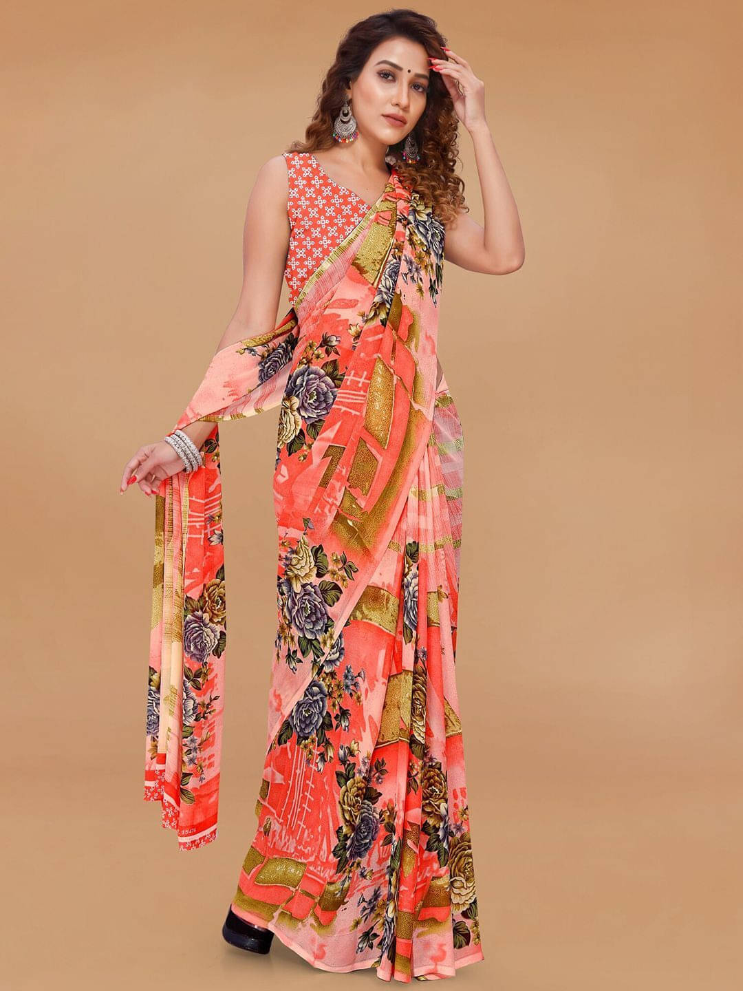     			ANAND SAREES Georgette Printed Saree With Unstitched Blouse Piece ( Orange )