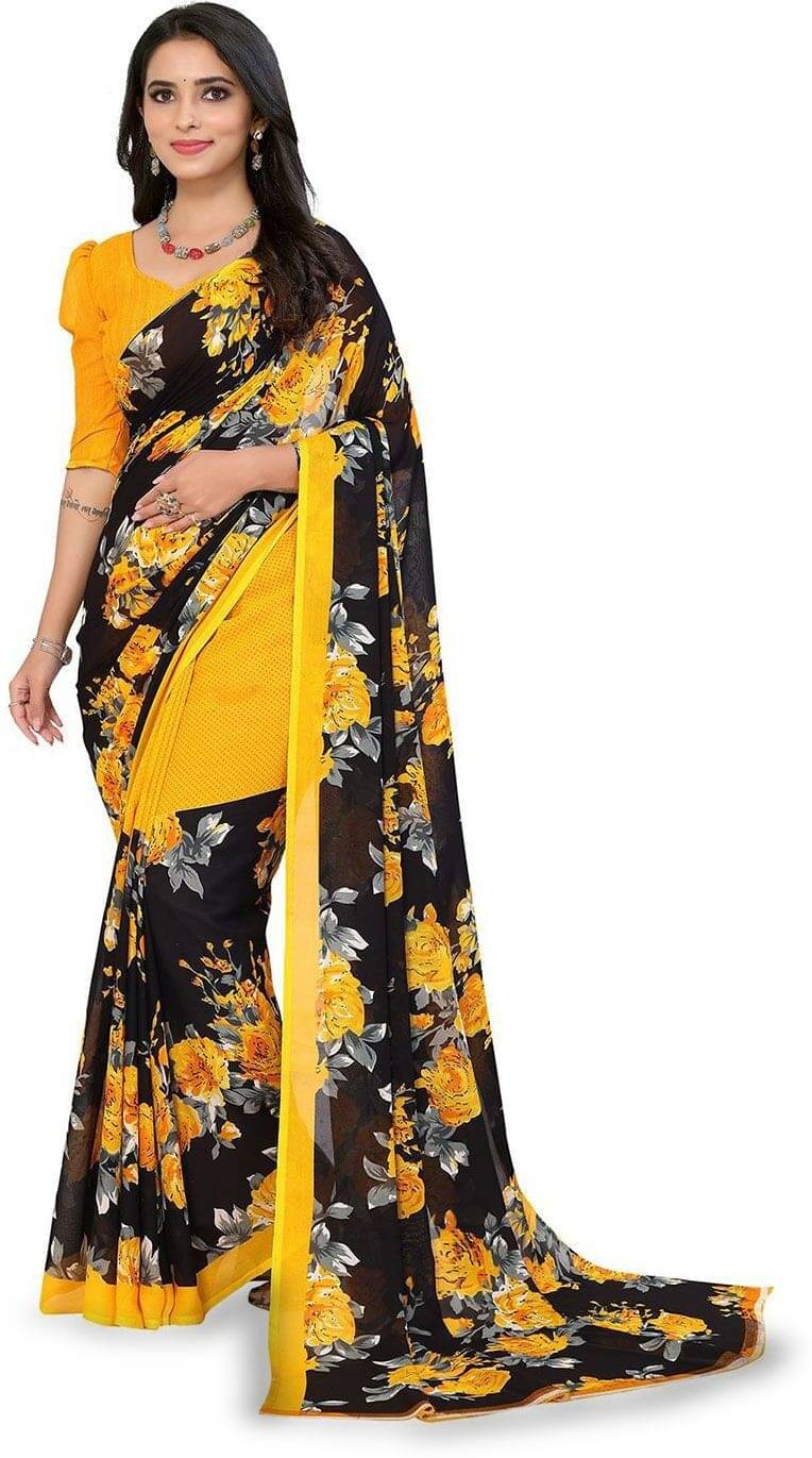 ANAND SAREES Georgette Printed Saree With Unstitched Blouse Piece ( Yellow ) ANAND SAREES Georgette Printed Saree With Unstitched Blouse Piece ( Yellow )
