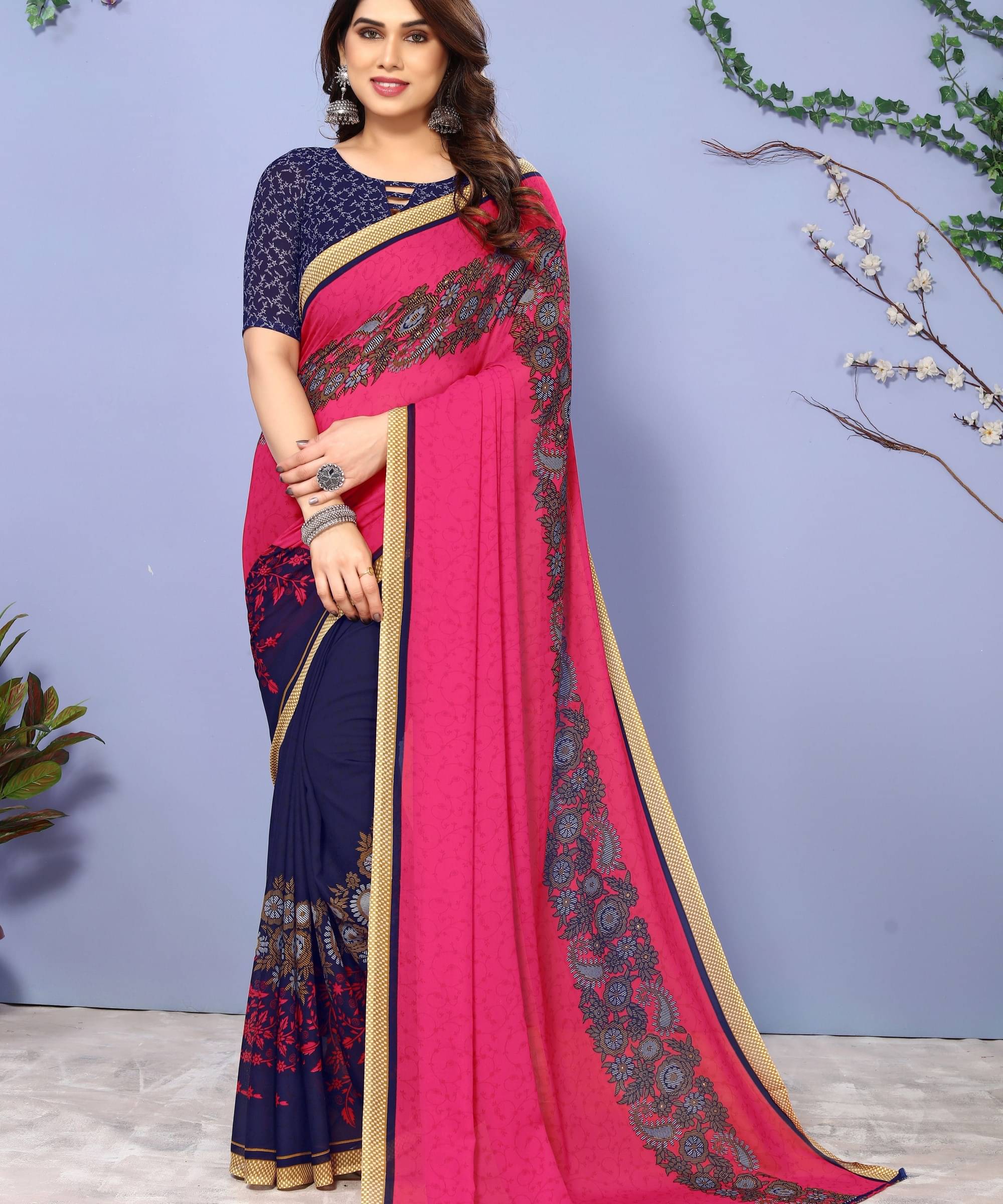 ANAND SAREES Georgette Printed Saree With Unstitched Blouse Piece ( Magenta ) ANAND SAREES Georgette Printed Saree With Unstitched Blouse Piece ( Magenta )