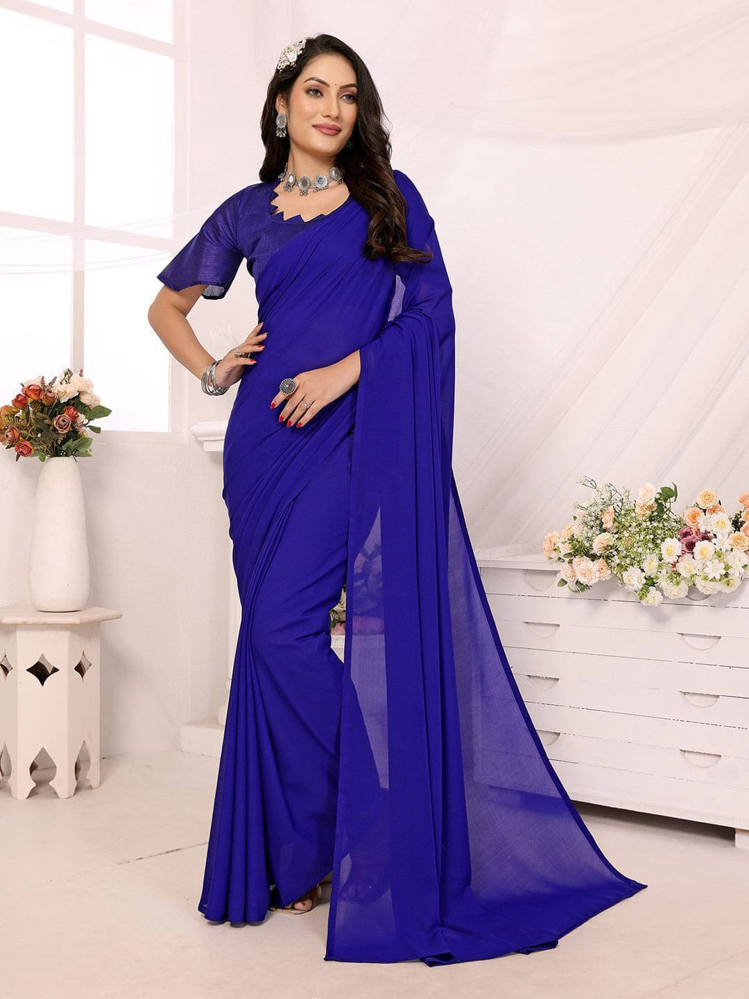     			ANAND SAREES Georgette Printed Saree With Unstitched Blouse Piece ( Blue )