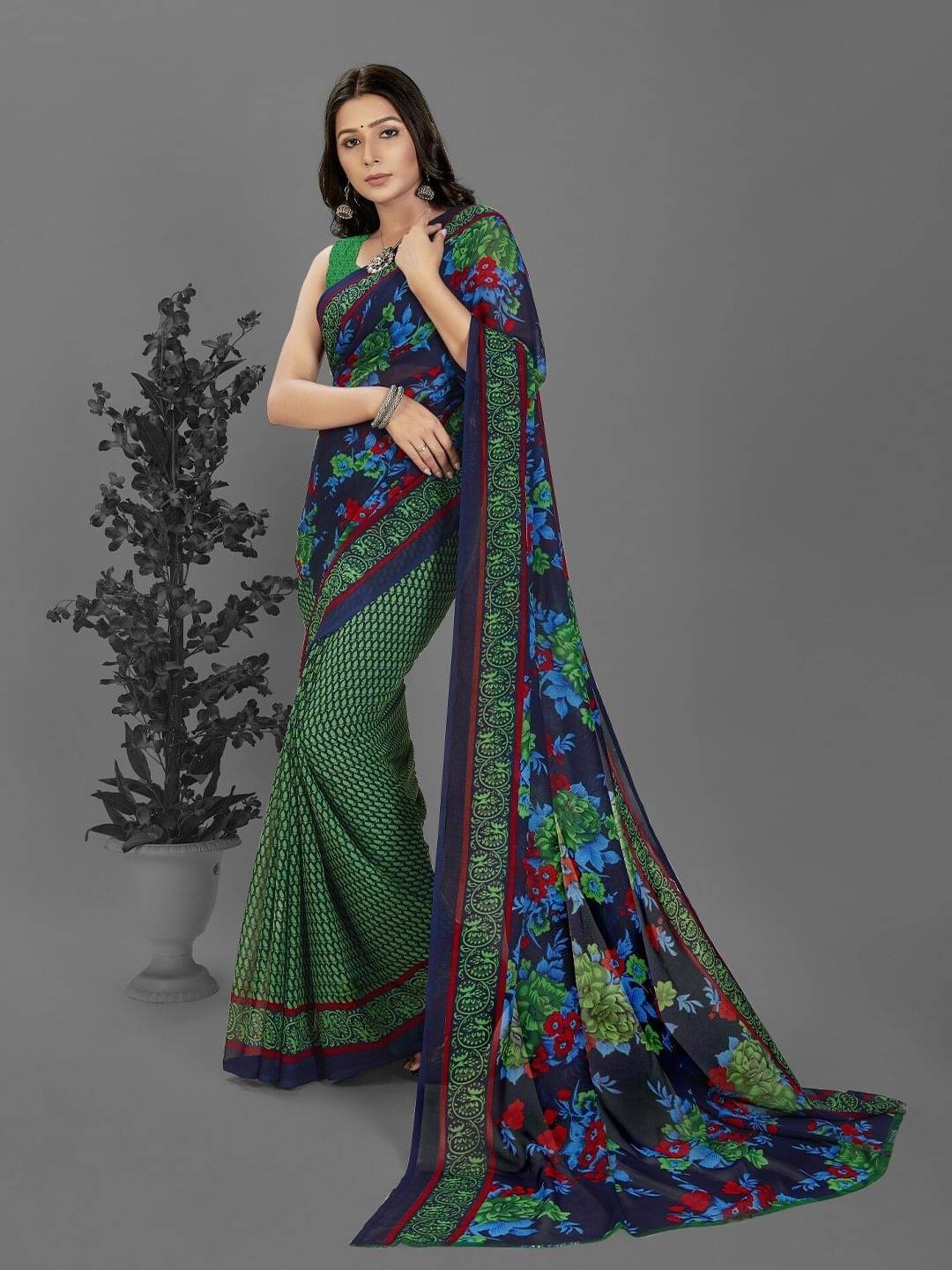 ANAND SAREES Georgette Printed Saree With Unstitched Blouse Piece ( Green ) ANAND SAREES Georgette Printed Saree With Unstitched Blouse Piece ( Green )