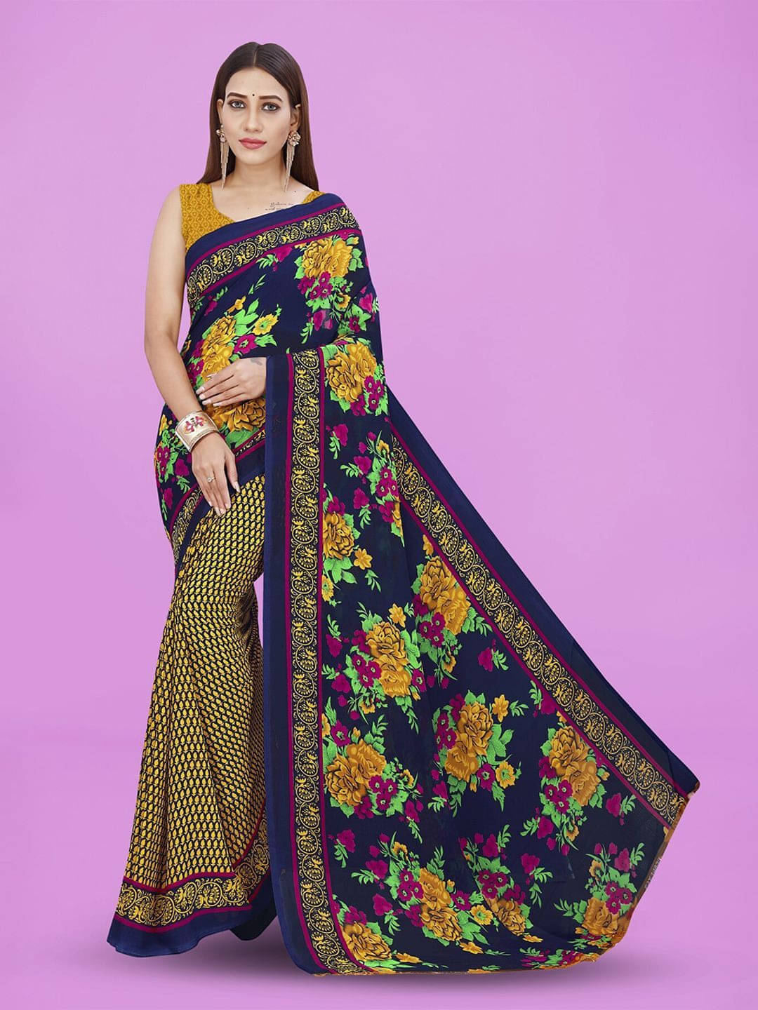     			ANAND SAREES Georgette Printed Saree With Unstitched Blouse Piece ( Yellow )