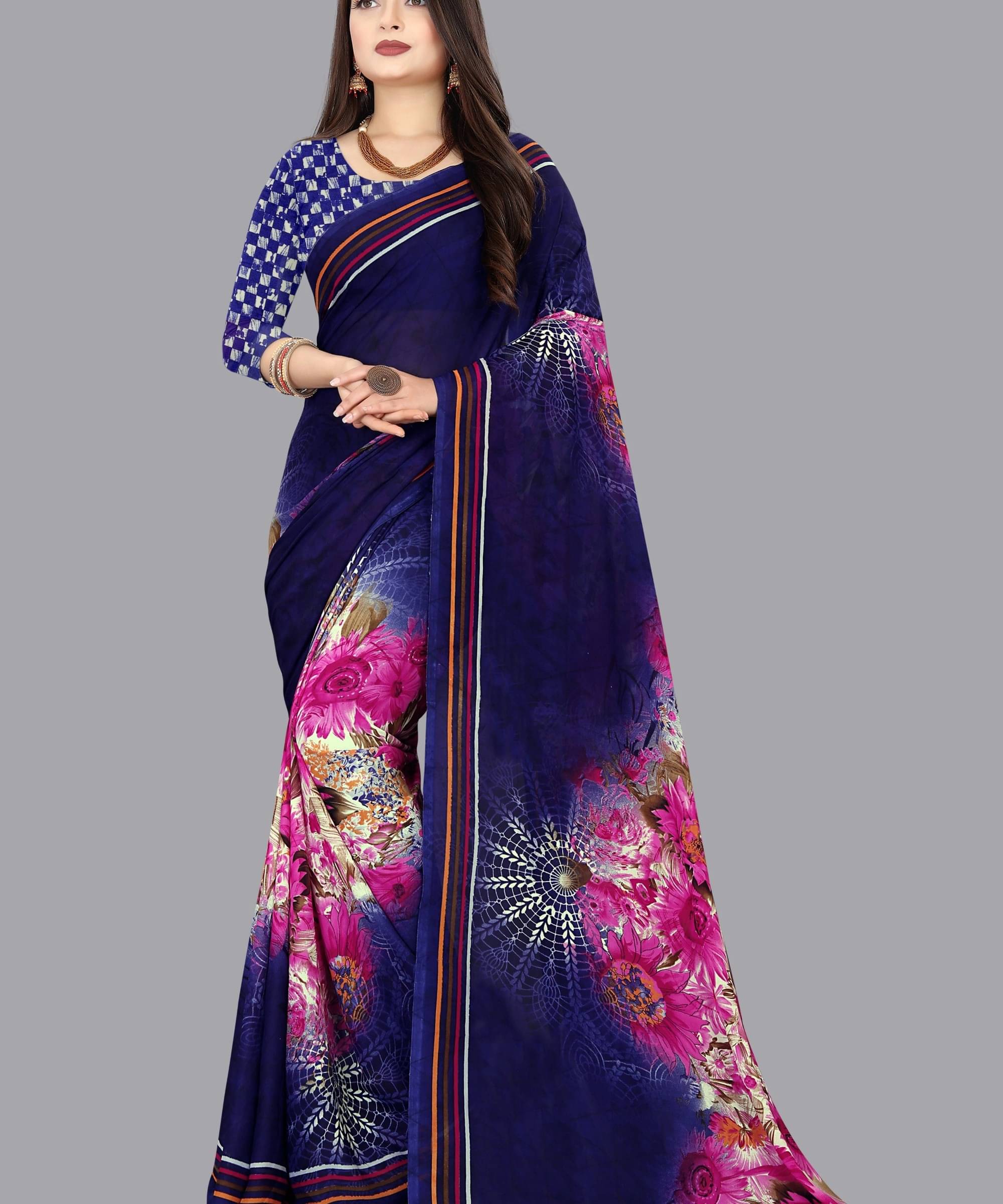     			ANAND SAREES Georgette Printed Saree With Unstitched Blouse Piece ( Blue )