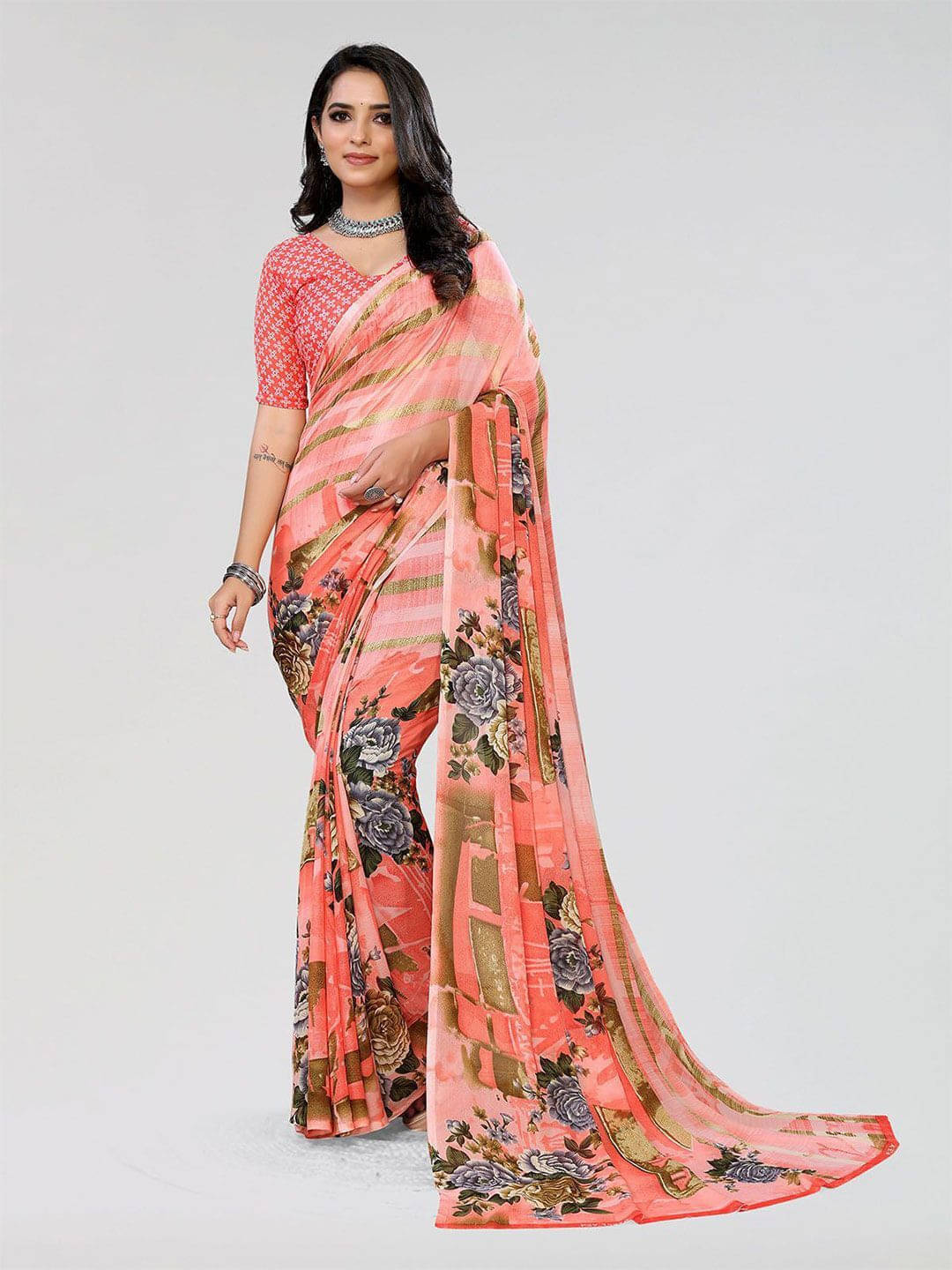     			ANAND SAREES Georgette Printed Saree With Unstitched Blouse Piece ( Orange )