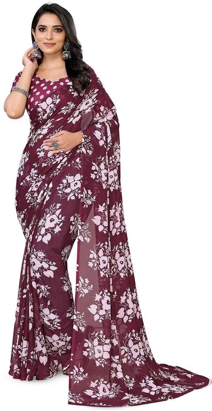 ANAND SAREES Georgette Printed Saree With Unstitched Blouse Piece ( Maroon ) ANAND SAREES Georgette Printed Saree With Unstitched Blouse Piece ( Maroon )