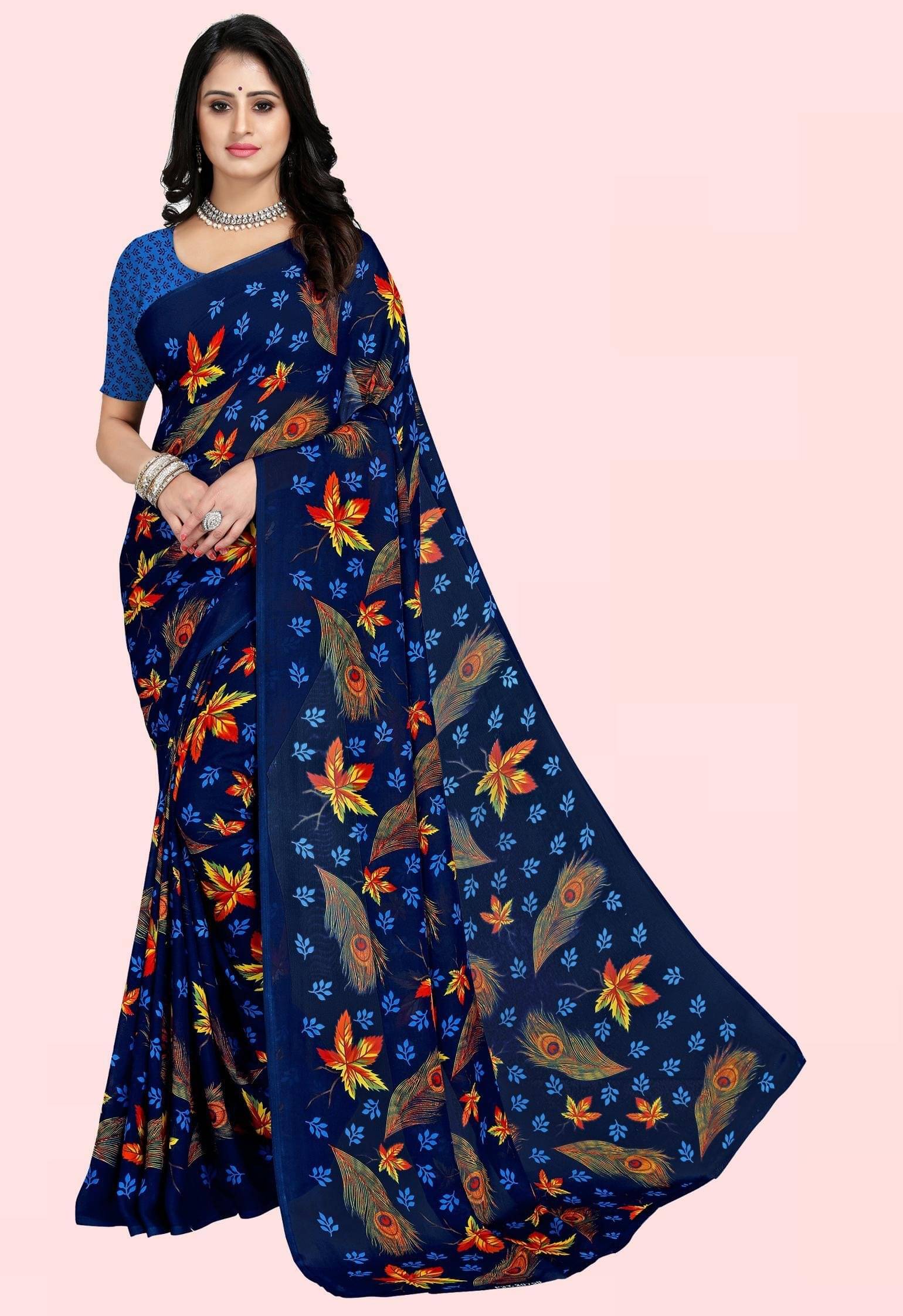 ANAND SAREES Georgette Printed Saree With Unstitched Blouse Piece ( Navy Blue ) ANAND SAREES Georgette Printed Saree With Unstitched Blouse Piece ( Navy Blue )