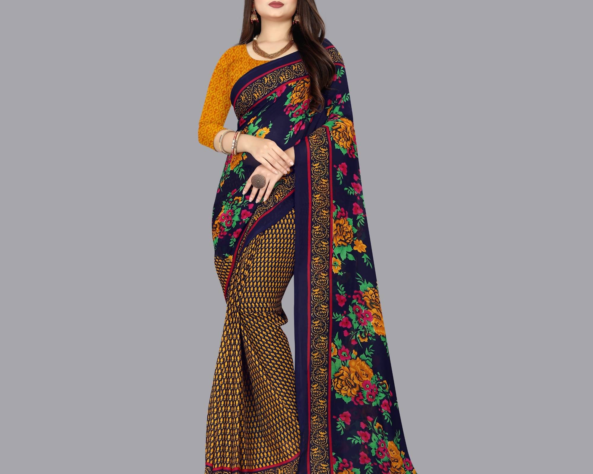    			ANAND SAREES Georgette Printed Saree With Unstitched Blouse Piece ( Yellow )