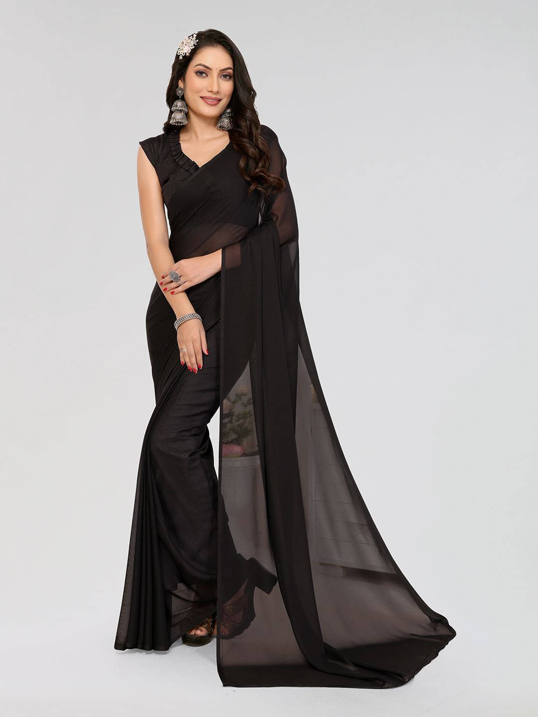 ANAND SAREES Georgette Printed Saree With Unstitched Blouse Piece ( Black ) ANAND SAREES Georgette Printed Saree With Unstitched Blouse Piece ( Black )