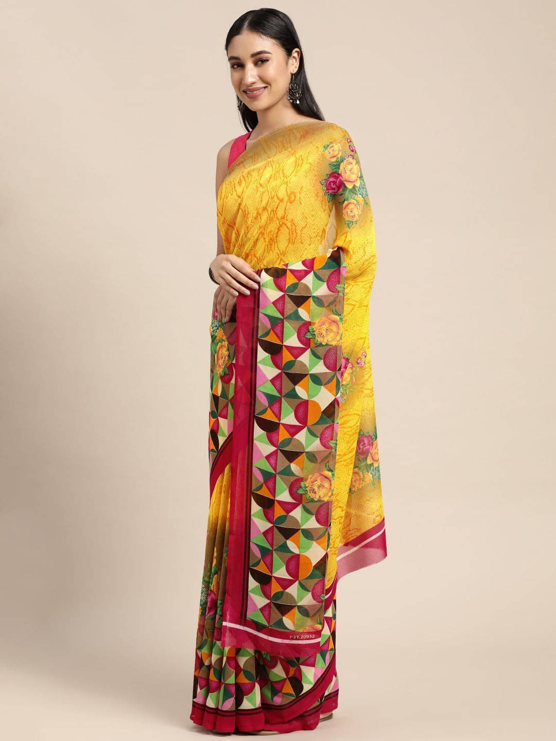 ANAND SAREES Georgette Printed Saree With Unstitched Blouse Piece ( Yellow ) ANAND SAREES Georgette Printed Saree With Unstitched Blouse Piece ( Yellow )