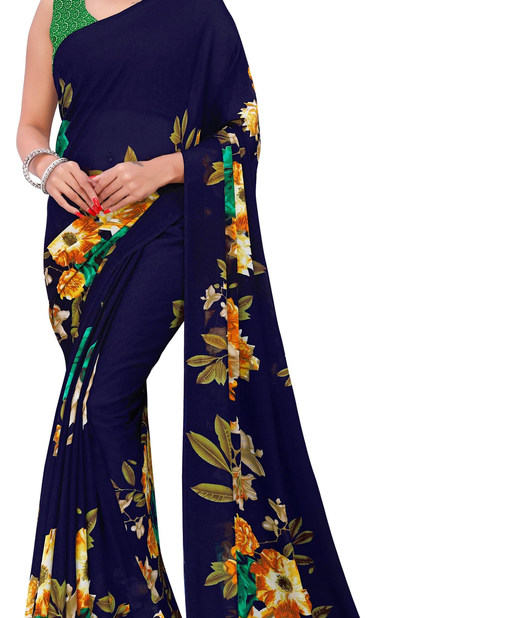 ANAND SAREES Georgette Printed Saree With Unstitched Blouse Piece ( Navy Blue ) ANAND SAREES Georgette Printed Saree With Unstitched Blouse Piece ( Navy Blue )