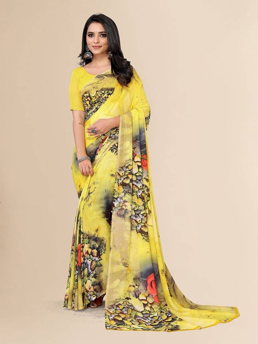     			ANAND SAREES Georgette Printed Saree With Unstitched Blouse Piece ( Yellow )